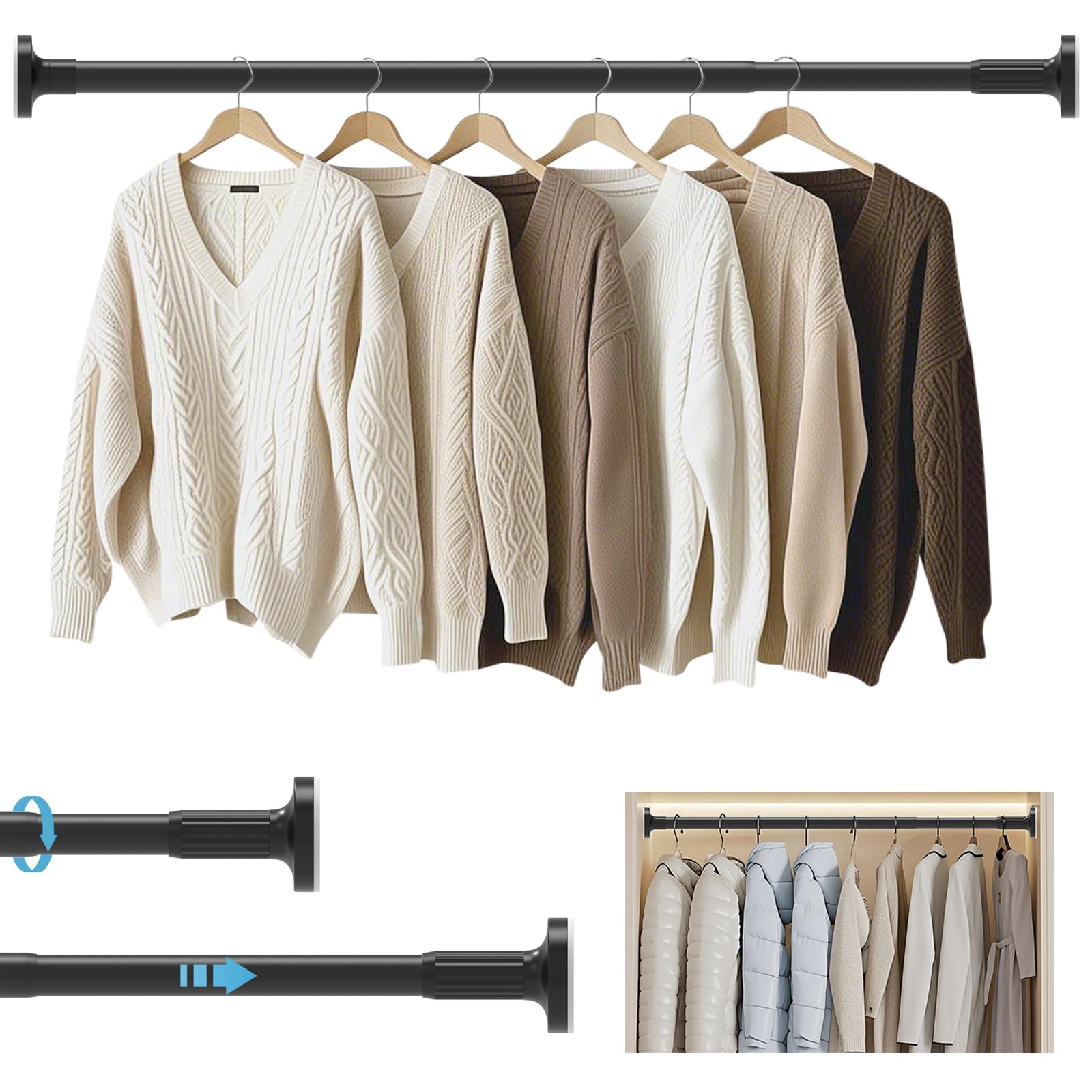 Wardrobe Rail, 70-120cm Adjustable Metal Wardrobe Rod with End Sockets, Heavy Duty Hanging Rails to Hanging Clothes, Extendable Clothes Rail Black for Closet Wardrobes Bathroom Laundry