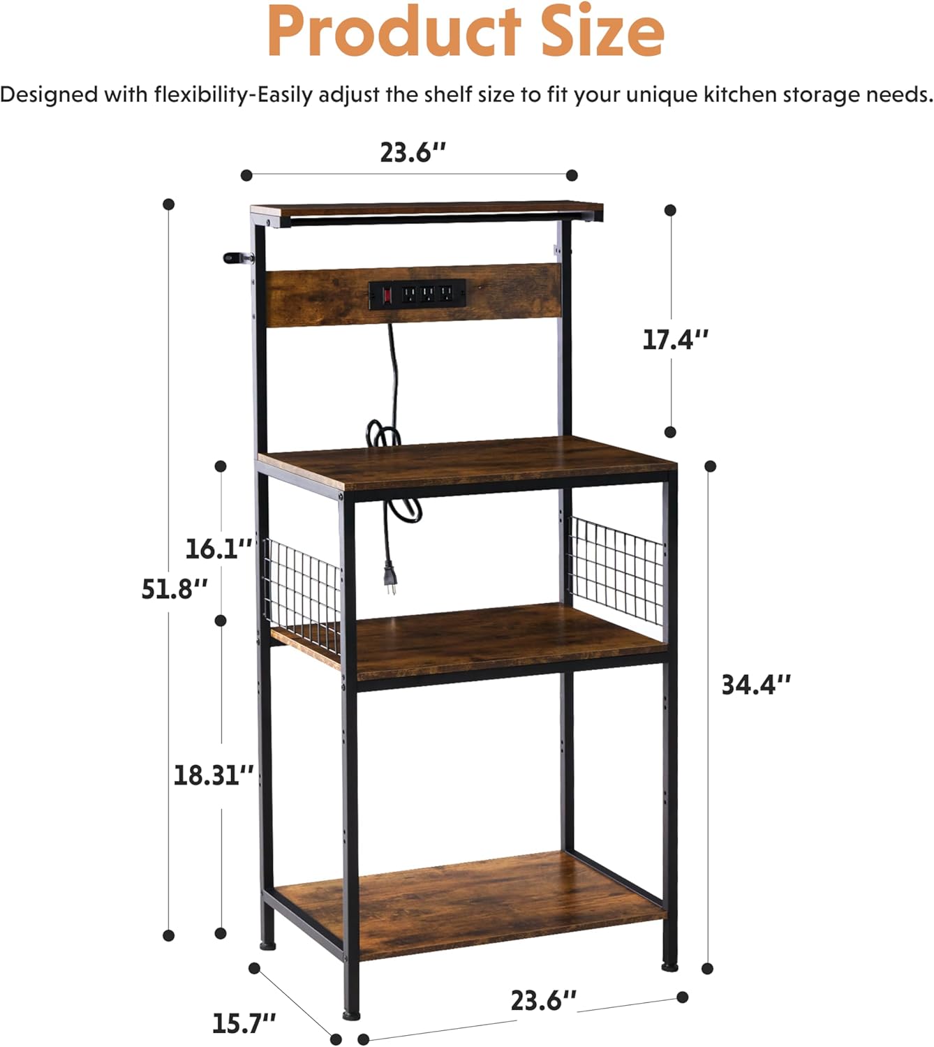 Simple Deluxe Kitchen Bakers Rack with Power Outlet, Coffee Bar Accessories Table, 4-Tier Adjustable Storage Shelf for Spices, Freestanding Appliance Organizer, 23.6 Inch, Rustic Brown