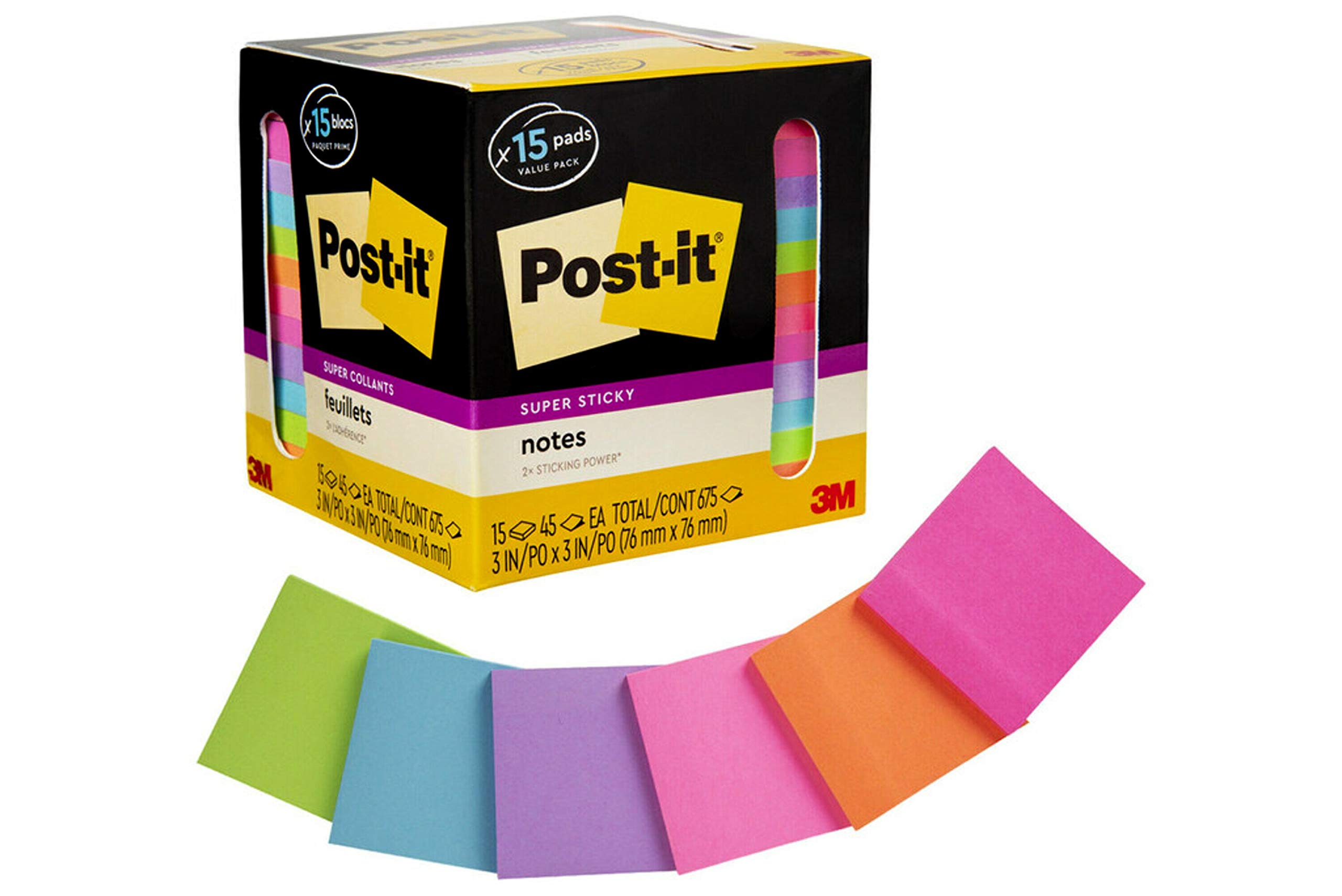 Buy Postit Super Sticky Notes, Assorted Bright Colors, 3x3 in, 15 Pads