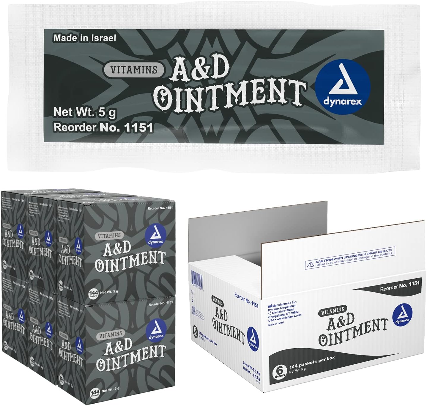 Dynarex Vitamins A&D Ointment Without Lanolin - Vitamin A and D Ointment Protectant for Minor Cuts, Burns, Diaper Rash & Dry Skin - 1 Case - 6 Boxes, 144 Packets/Box - 5g Packets