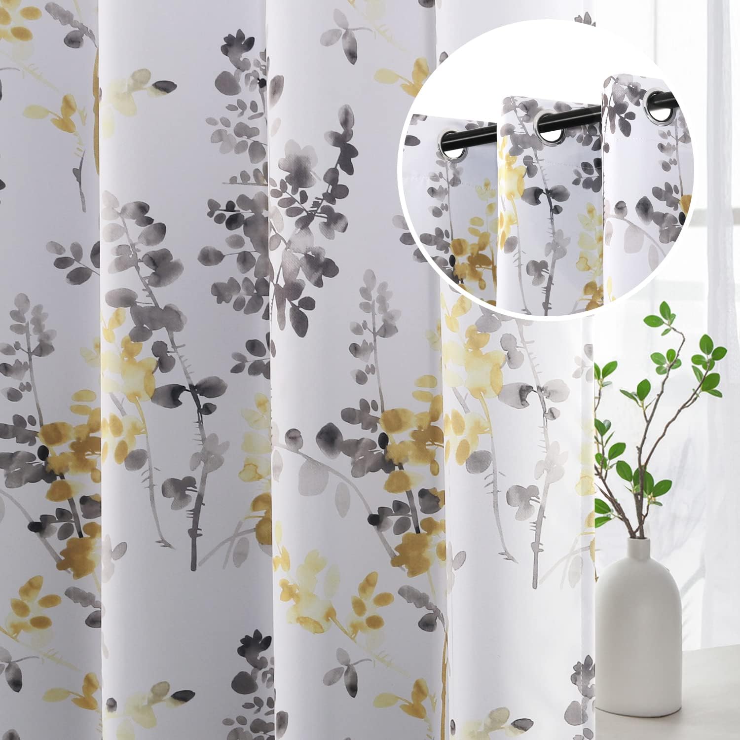 H.VERSAILTEX Room Darkening Window Curtains Thermal Insulated Curtain Panels for Bedroom Privacy Assured Window Treatment (2 Panels, 52 inches Wide by 95 inches Long, Grey and Yellow Floral Pattern) 52"W x 95"L Grey/Yellow