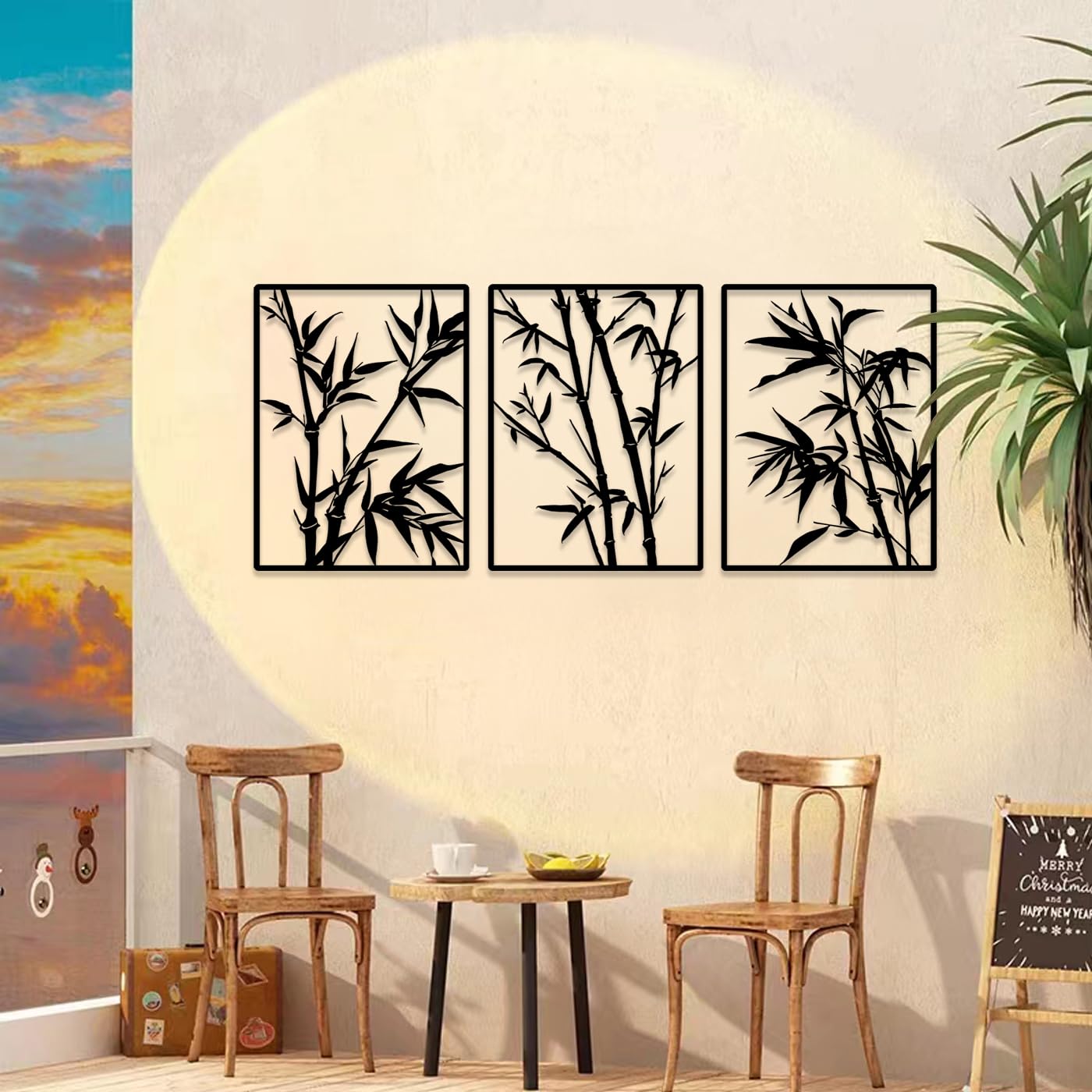 Pduoduo Decoración de pared de bambú grande, arte de pared de metal, letrero colgante de árbol, escultura de bambú para decoración de pared, paquete de 3 (total 127 x 56 cm)