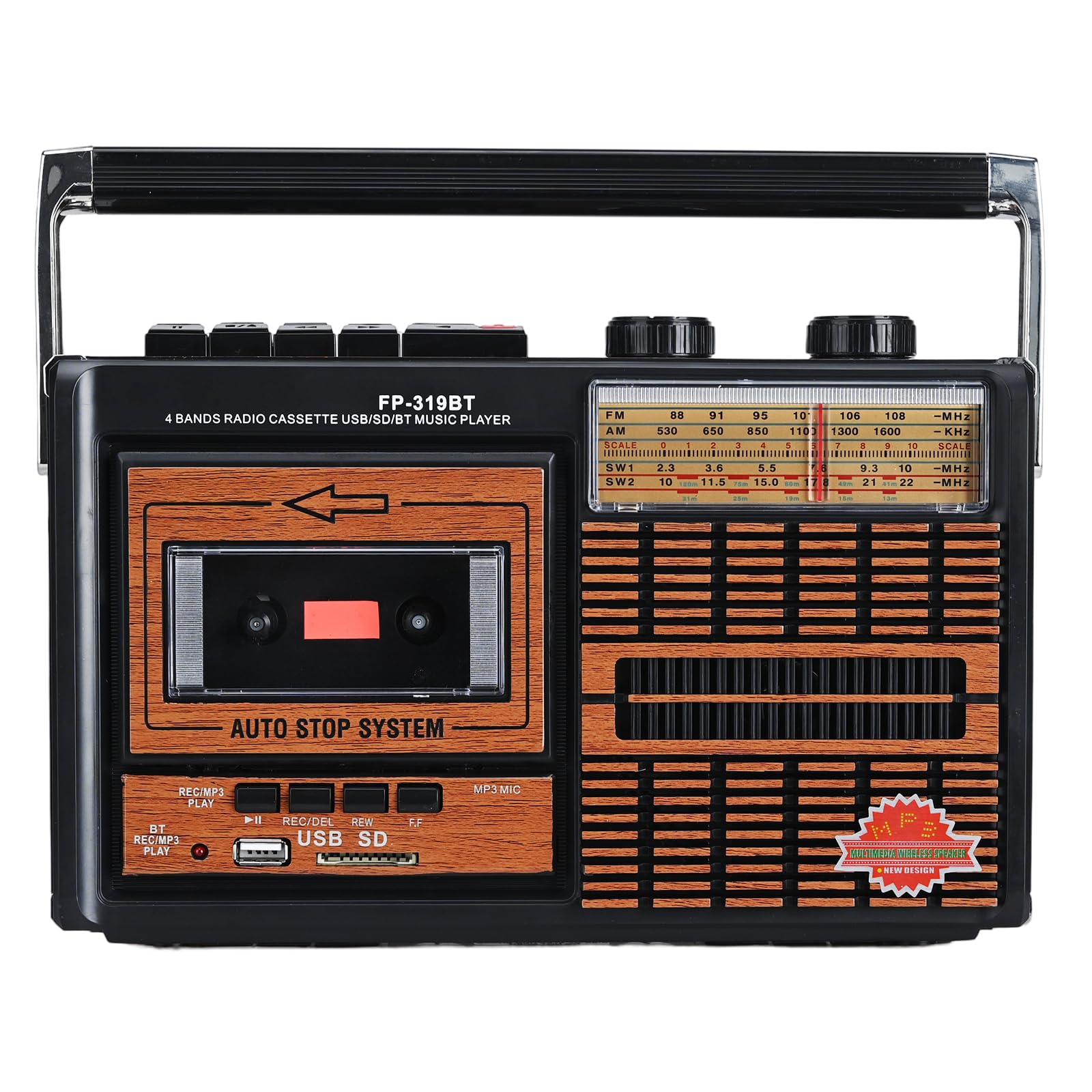 Lecteur et enregistreur de Cassettes rétro Portable Lychee avec Radio AM/FM/SW1-2 à Quatre Bandes, Haut-Parleur intégré, Prise Casque 3,5 mm, Prise SD/USB (F-319BT)