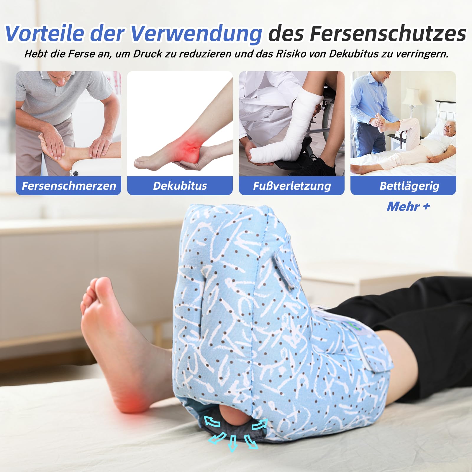Fersenpolster gegen Druckgeschwüre mit warmem Muster – Fußkissen zur Heilung von Fersenschmerzen und Verletzungen, ideal für ältere oder bettlägerige Personen (Einfache blaue Streifen)