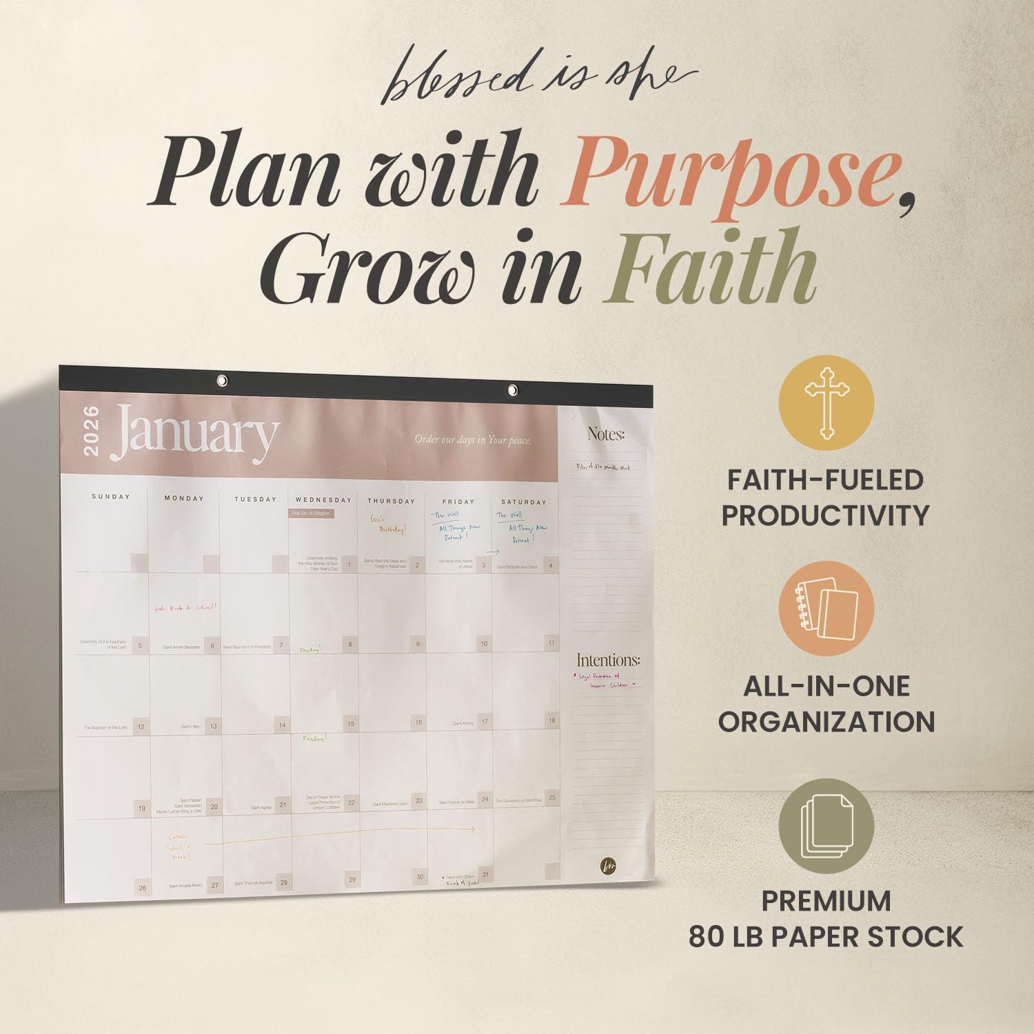 Blessed Is She Liturgical Wall Christian Calendar 2026, Large 24.75"" x 19.25"" Thick Pages Catholic Calendar 2026, 12 Month Religious Planner for Church Feast Days, Desk/Wall Use w/Pre-Punched Holes