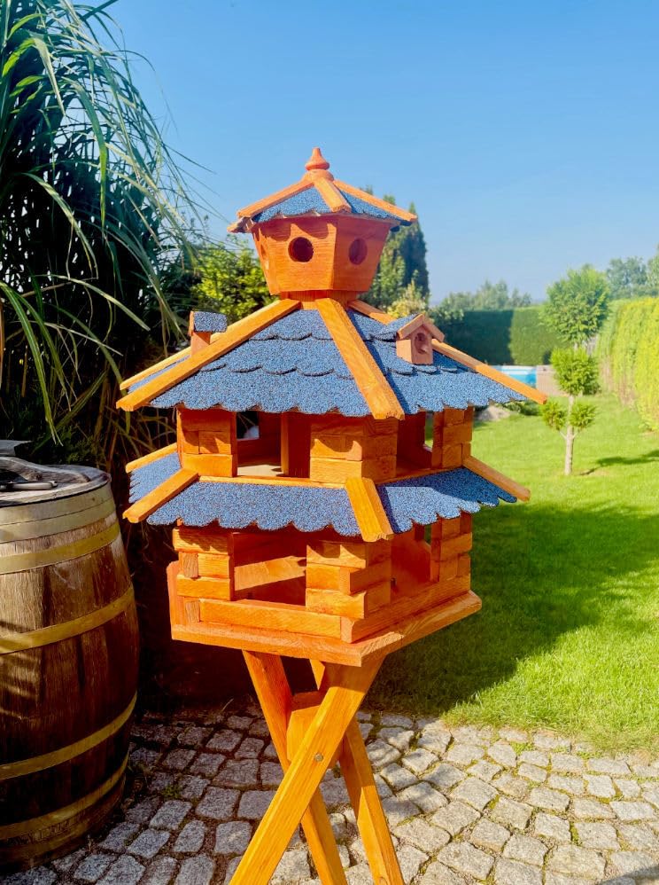 DARLUX Vogelvilla, weerbestendig, van formaat L tot XXL, vogelhuisje, met of zonder standaard, in bruin, met rood, groen of blauw, voor tuin en balkon, maat XXL, met standaard, rood-bruin