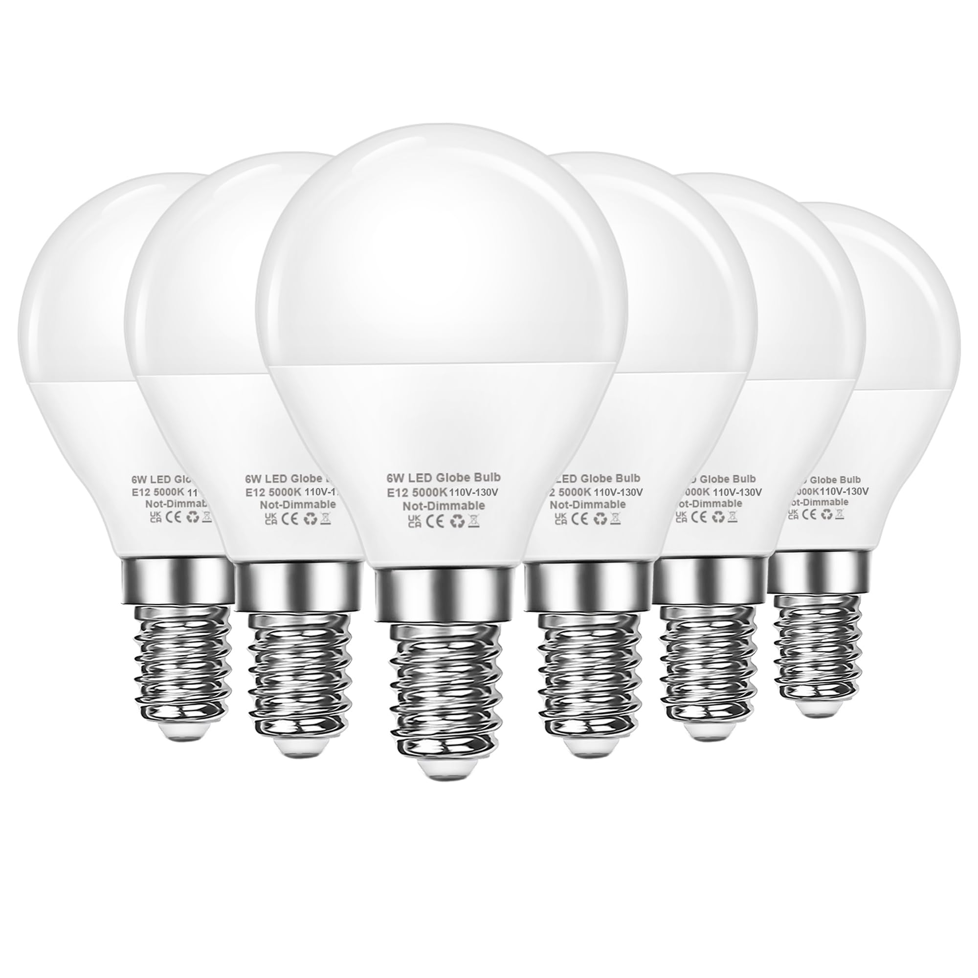 E12 LED Bulb 60W Equivalent Ceiling Fan Light Bulbs Daylight White 5000K, 600LM CRI 85+ Small Base Candelabra Bulbs, 120V G45/A15 Globe Lamp 6W Non-dimmable for Bedroom Chandelier, 6 Pack