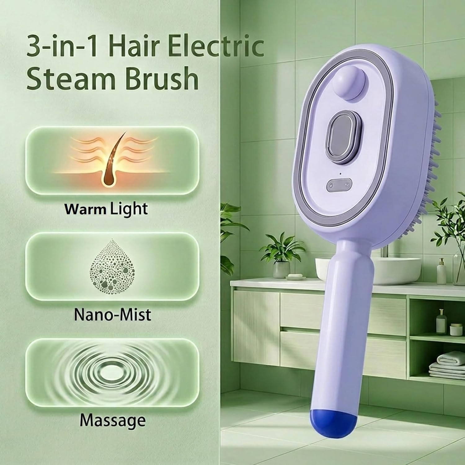 3-in-1 Spray Air Cushion Massage Comb – Elektrischer Sprüh-Luftkissen-Massagekamm mit Wassertank – Entwirrbürste & Kopfhautmassage – Für alle Haartypen (lila)