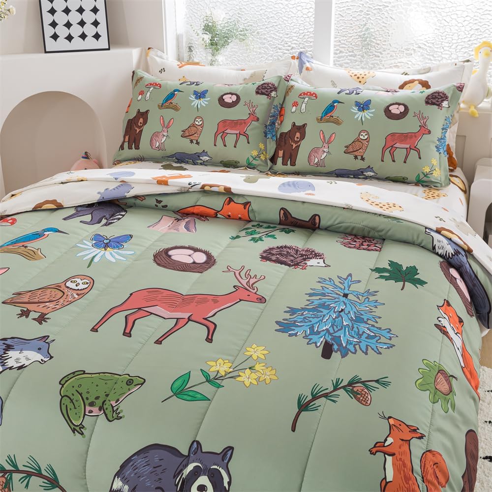 lishjekee Jungle Animal Comforter Twin 5Pieces Kids Wild Animal Bedding Set Bed in A Bag Forest Wildlife Comforter and Sheets Set for Boys Girls Woodland Bear Wolf Deer Bed Set Home Decor