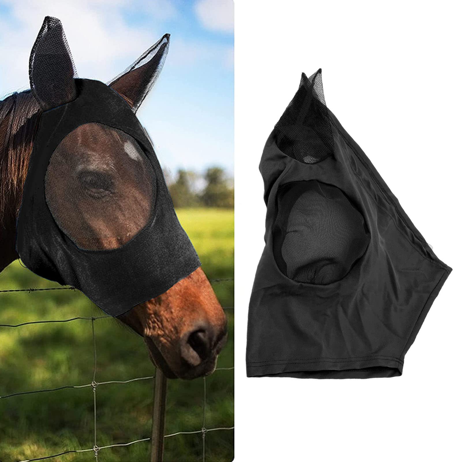 VGEBY Horse Face Mask, Additional Fine Mesh Horse Face Mask Comfortable Horse Face Mask with Soft Knitted Fabric for Ear and Eye (Black)