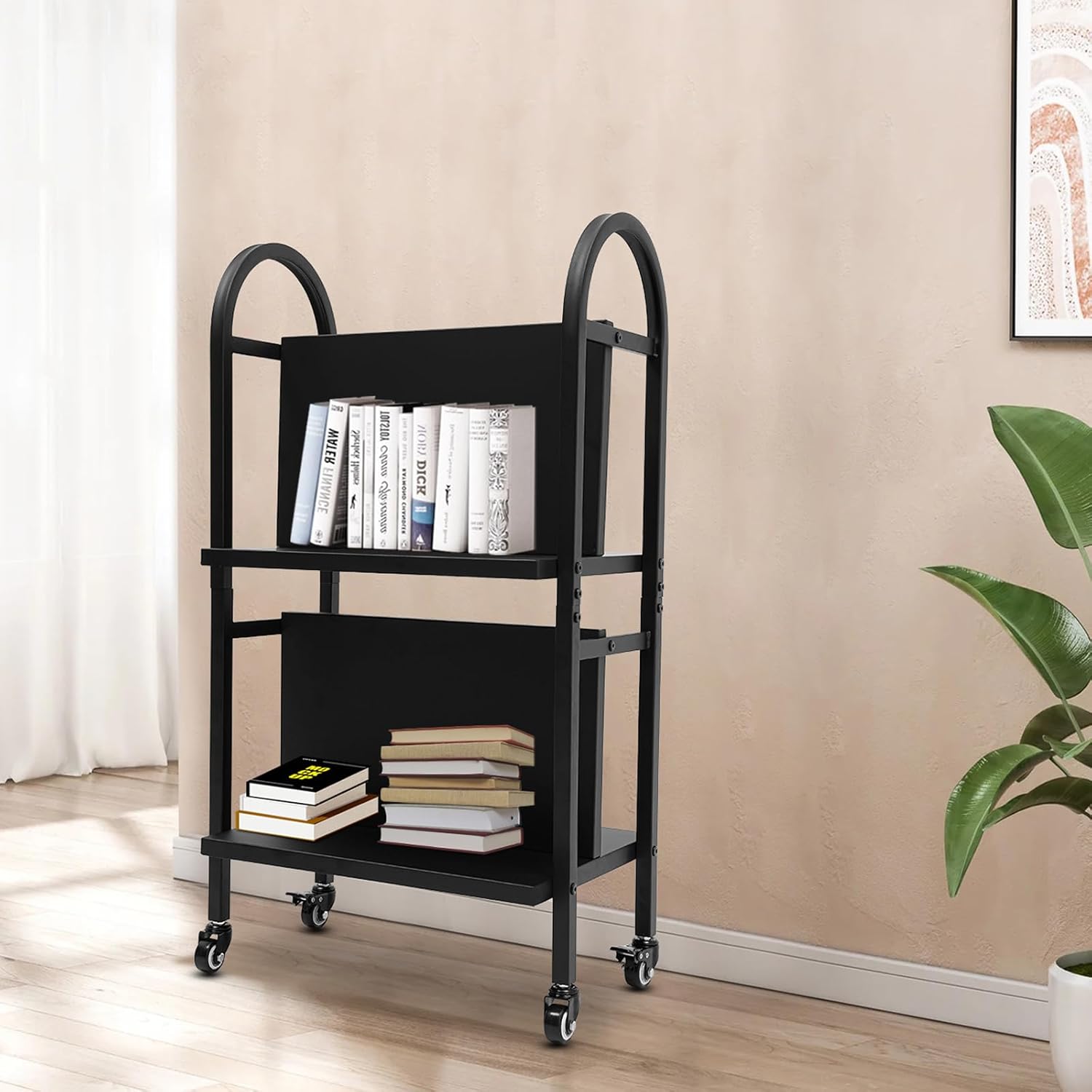 Bacocoo 2-Tier Rolling Book Cart with Dividers, Heavy Duty Library Book Cart with Lockable Casters, Carbon Steel Rolling Storage Cart for Home Library Office Classroom