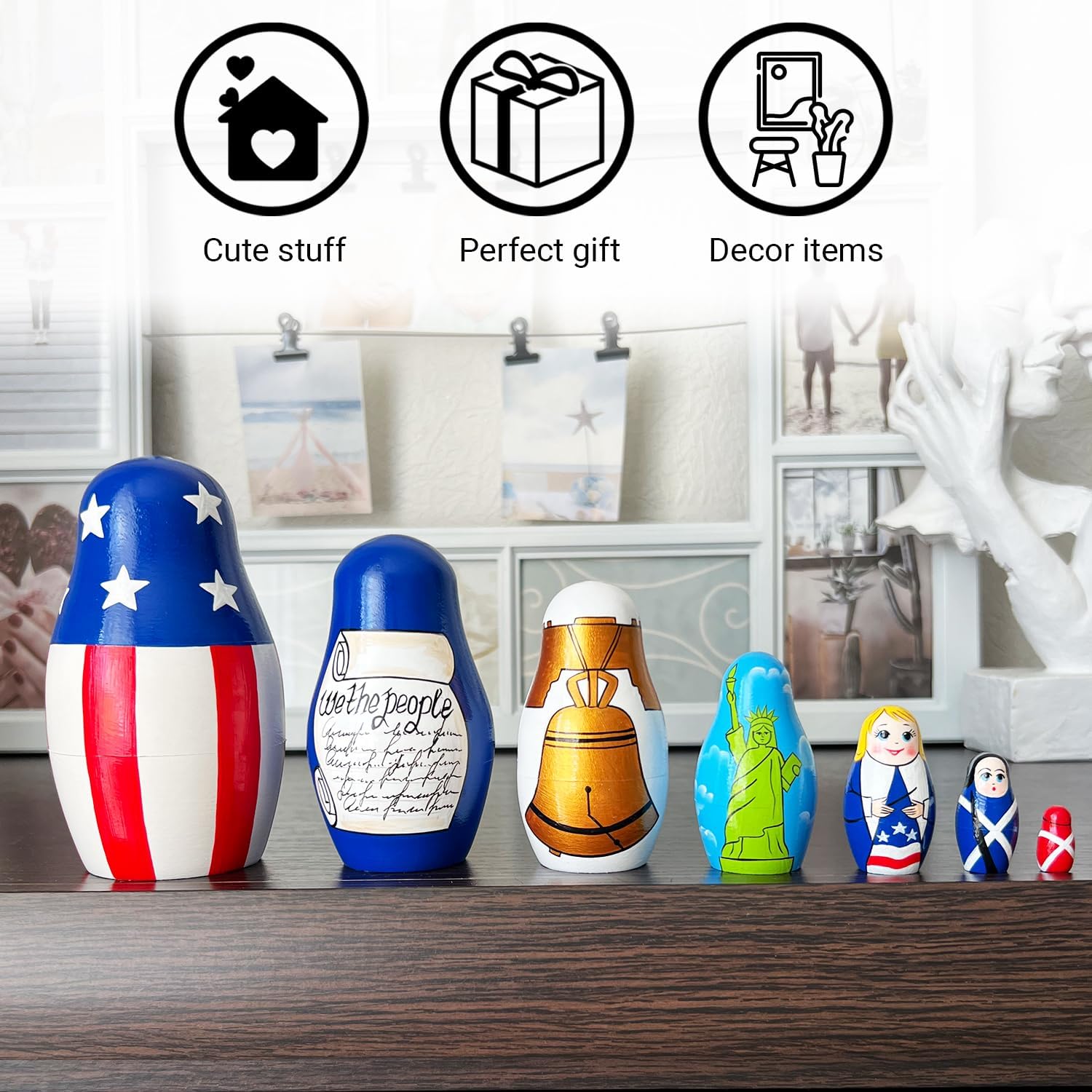 AEVVV Independence Day Nesting Dolls Set 7 pcs - Russian Dolls with Symbols of Independence - 4th of July Decorations for Patriotic Decor - Matryoshka Dolls