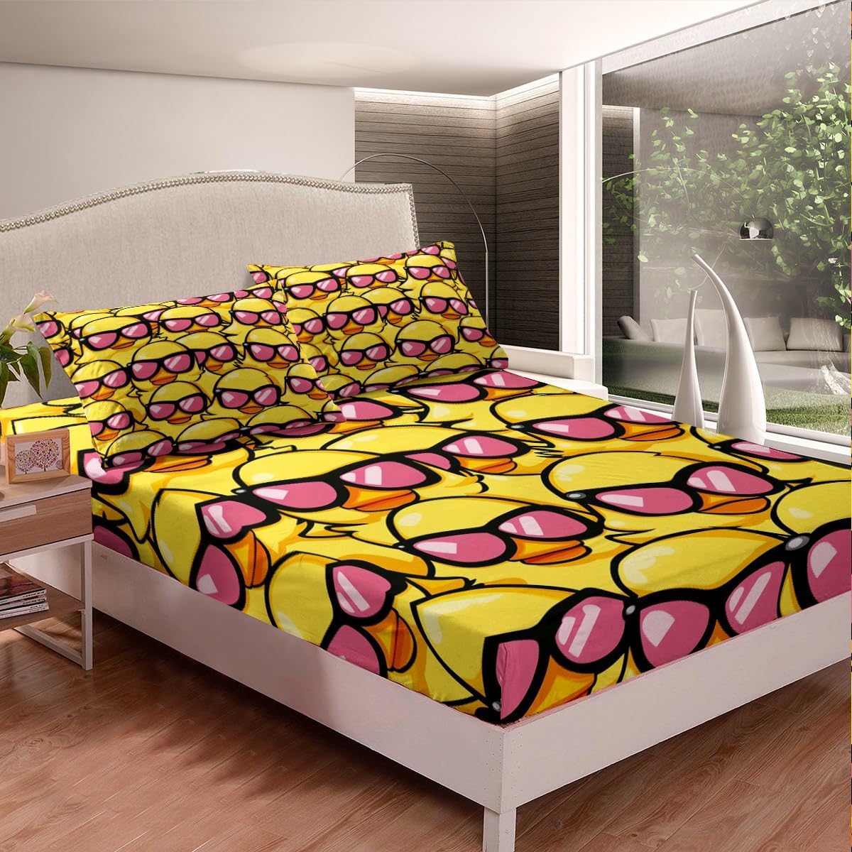 Erosebridal Rubber Duck Fitted Sheet Full Cute Yellow Duck Bed Sheets 3 Piece Cartoon Animal Bedding Set American Dollar Print Sheets Navy Blue Room Decor for Women Men Adults