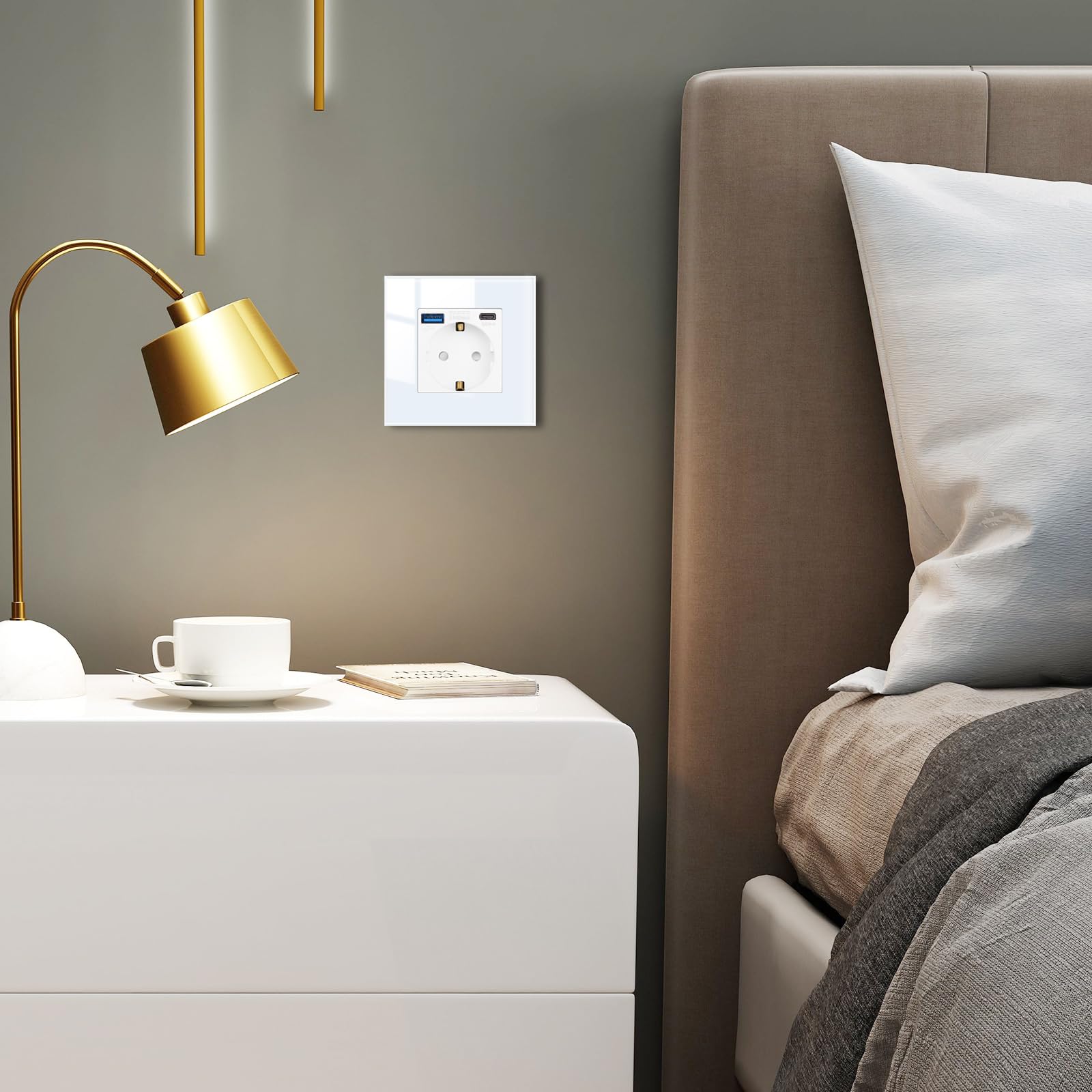 JIMEIDA Pack 4 bases con USB 20W cristal blanco de empotrar, 1 compartimento Bases de 16Amp con USB A y Tipo C, 86 * 86mm, 250V