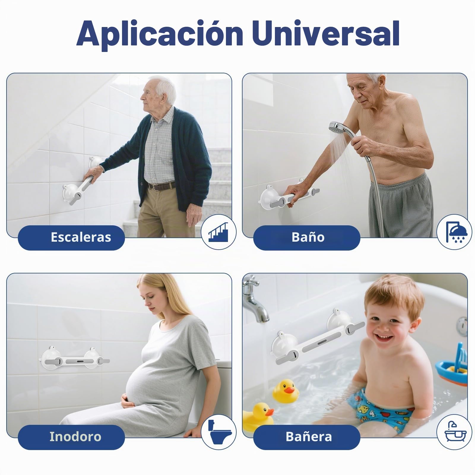 Agarraderas baño para mayores, MAX 200KG, Agarrador ducha personas mayores y Bañera Sin Taladro con Ventosa – Antideslizante con Alfombrilla para Baño, WC, Escaleras y Movilidad Reducida