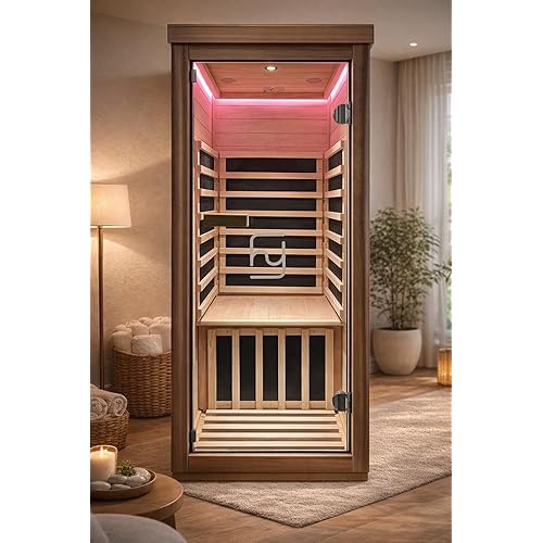 Indoor Infrared Hemlock & Okoume 1100W 1-Person MINI Sauna with LED Lights, Bluetooth Speakers – A Gift for Parents or Friends