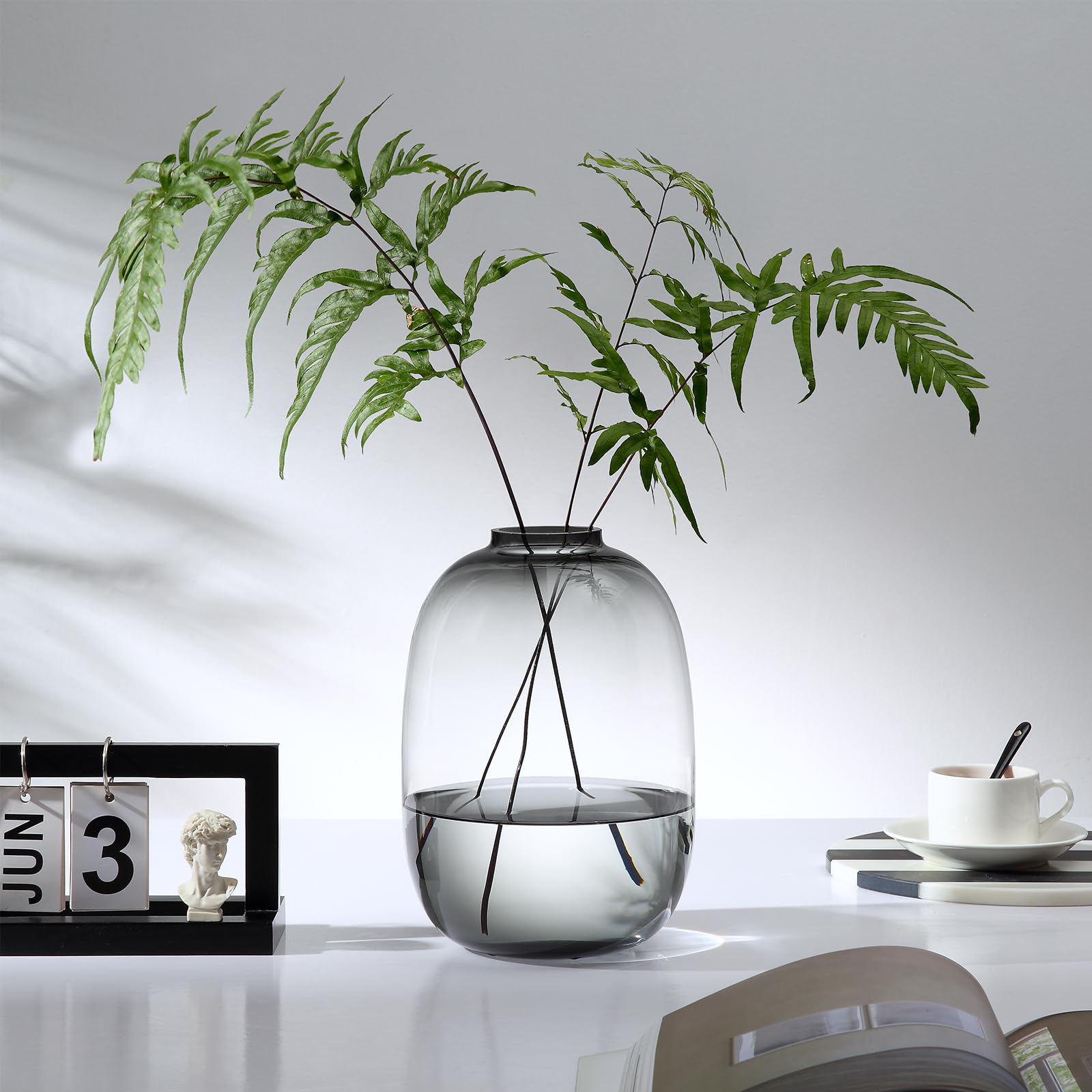 Jarrón de cristal, grandes jarrones ovalados grises, jarrón de vidrio soplado a mano de 10 pulgadas para decoración del hogar, centro de mesa moderno, regalo único (gris, grande)