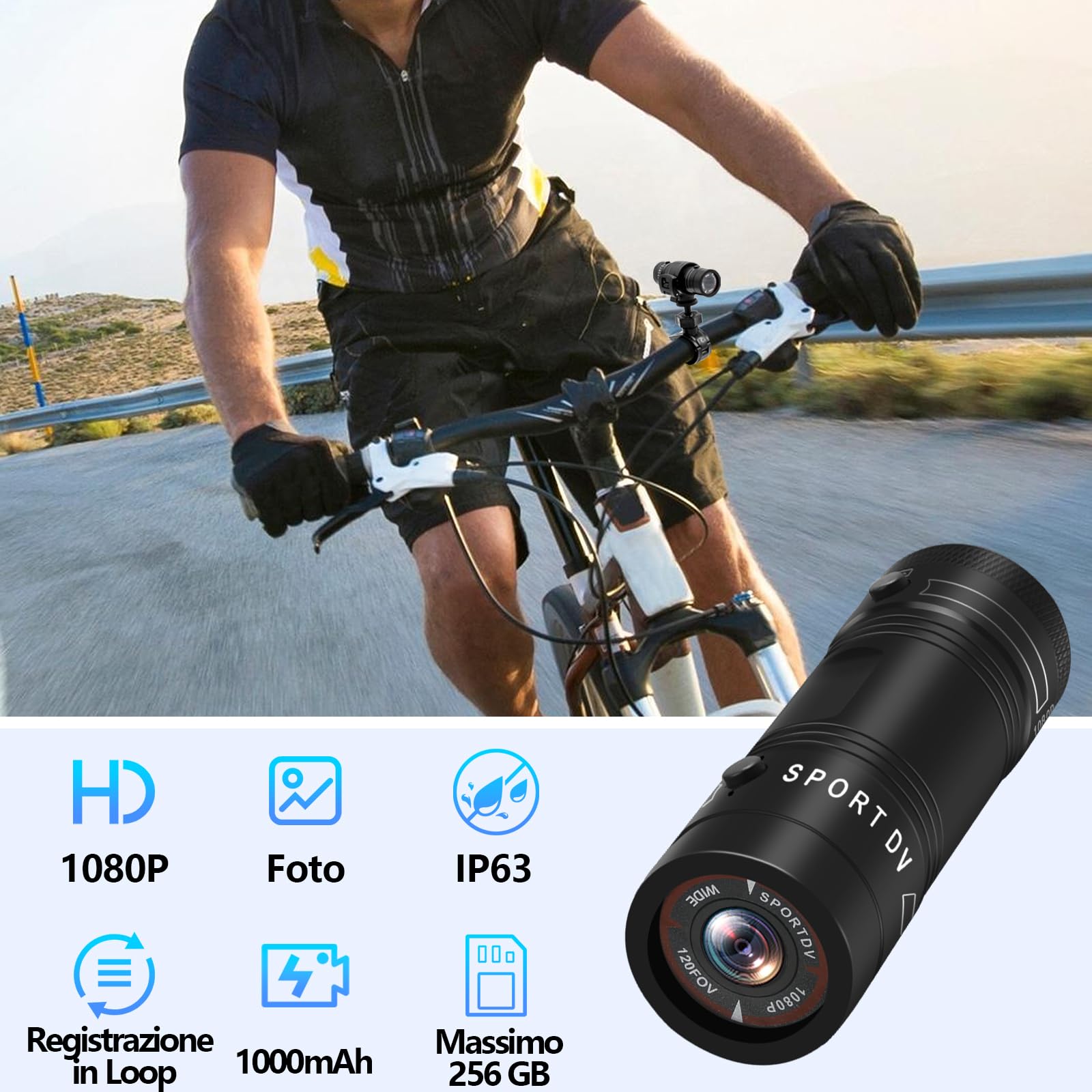 Dashcam Moto 1080P Grandangolo IP63, Action Cam per Moto & Bici | 5h batteria, 12MP foto, 3 supporti (casco/moto/bici), loop, 256GB SD