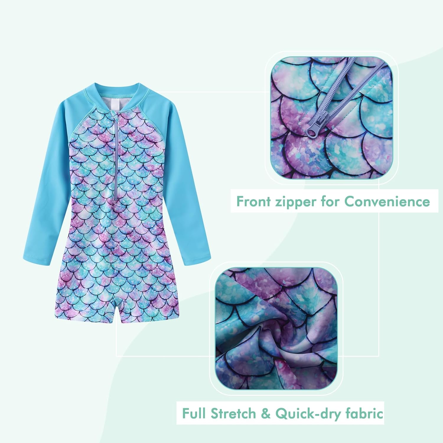 Girls One Piece Swimsuits for Girls Long Sleeve Bathing Suit Sun Protection Rash Guard with Front Zipper 3-16 Years - Image 3