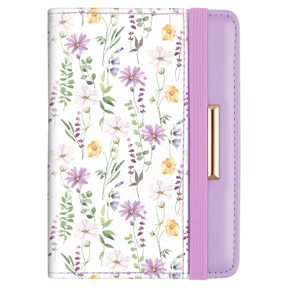 Passport Holder Cover, RFID Travel Wallet Credit Card Holder Green Cute Floral Passport Book Holders for Women with Elastic Band and Golden Metal