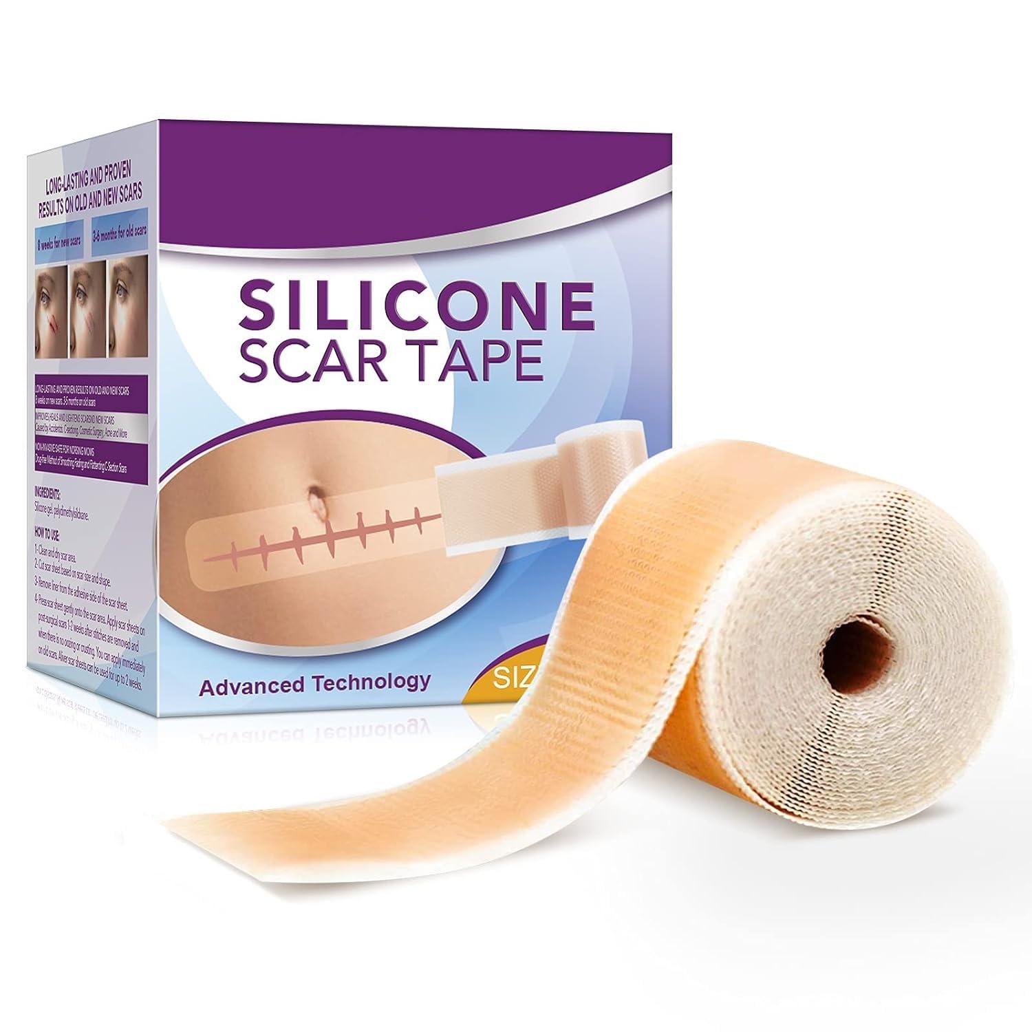 FGHJ Silicone Scar Tape Roll, 1.6” x 60” Medical Tape for Wound Care Bandages Scars Strips for Surgical Scars Keloid, C-Section, Burns, Injuries Acne, Stretch Marks Removal Sheet Tapes (1.6” x 60”)