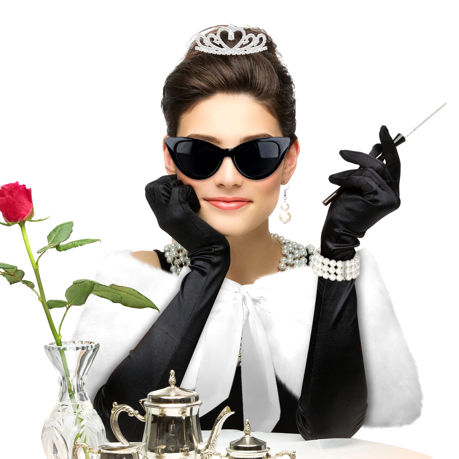 Hoosige 7 Pcs 1920s Flapper Costume Accessory for Women Vintage 1950s Accessory Faux Fur Shawl with Sunglasses Pearl Strand Necklace Tiara Long Black Gloves for Halloween Cosplay Costume