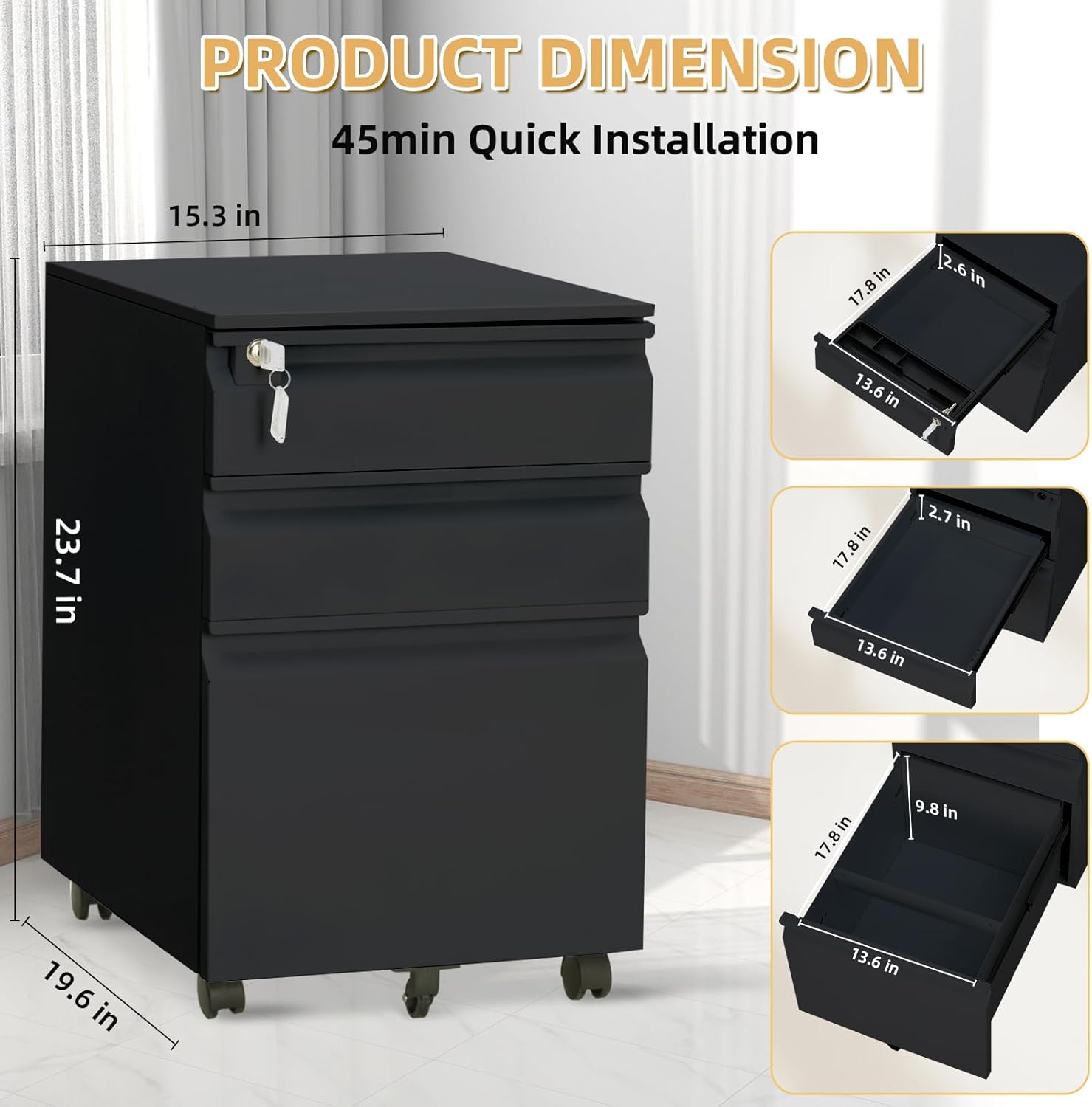 3 Drawer Mobile Filing Cabinet with Lock & Anti-Tip Wheel - Under Desk Metal File Cabinet - Fits Letter/Legal/A4 Documents - Rolling Desk Drawer Storage for Home Office
