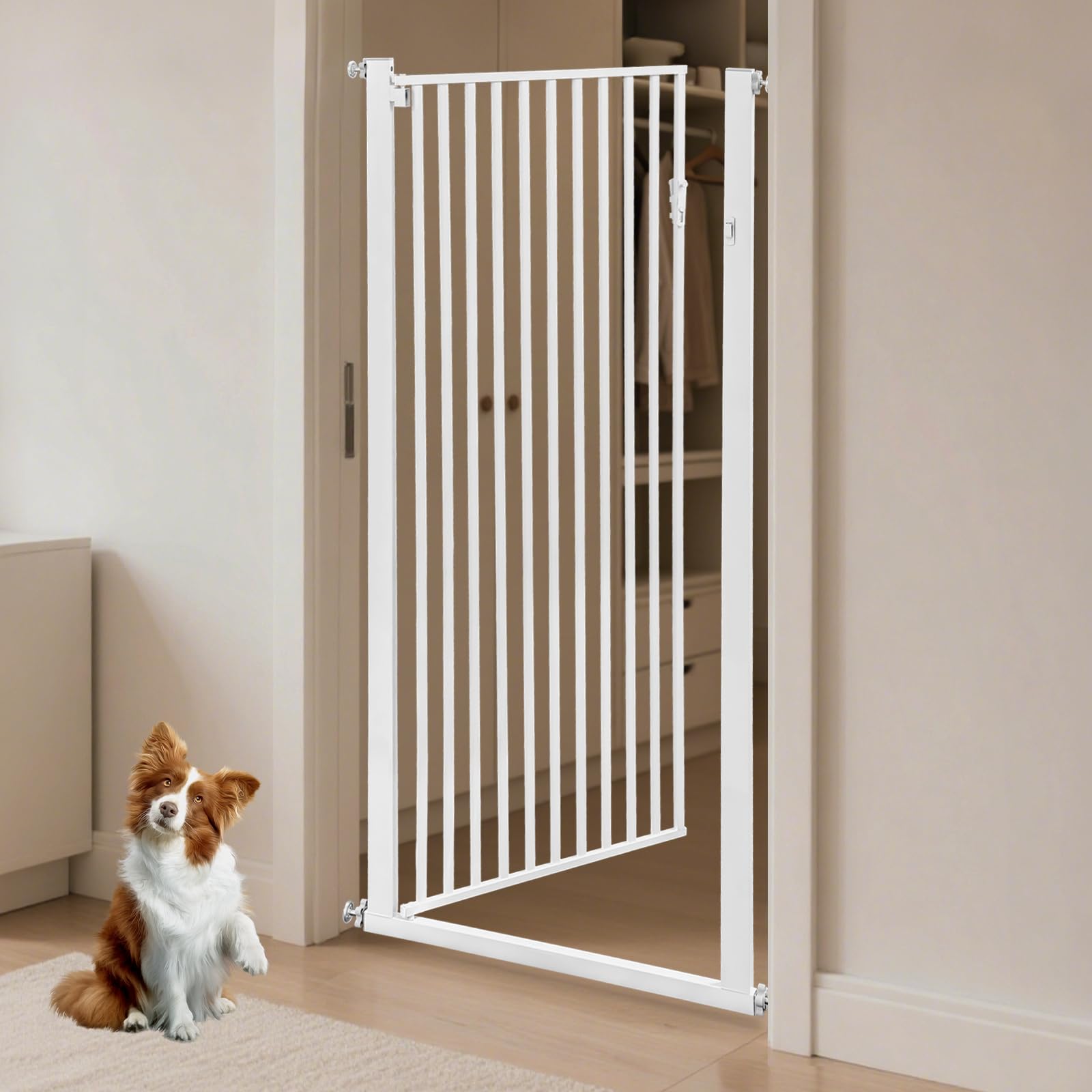 Haustiergitter Extra Hoch 150cm, Treppenschutzgitter ohne Bohren Breite 90-97cm, Automatische Schließung Sicherheits-Haustiergitter, Stababstand 3.5cm, 270° bidirektional, für Treppen/Türen