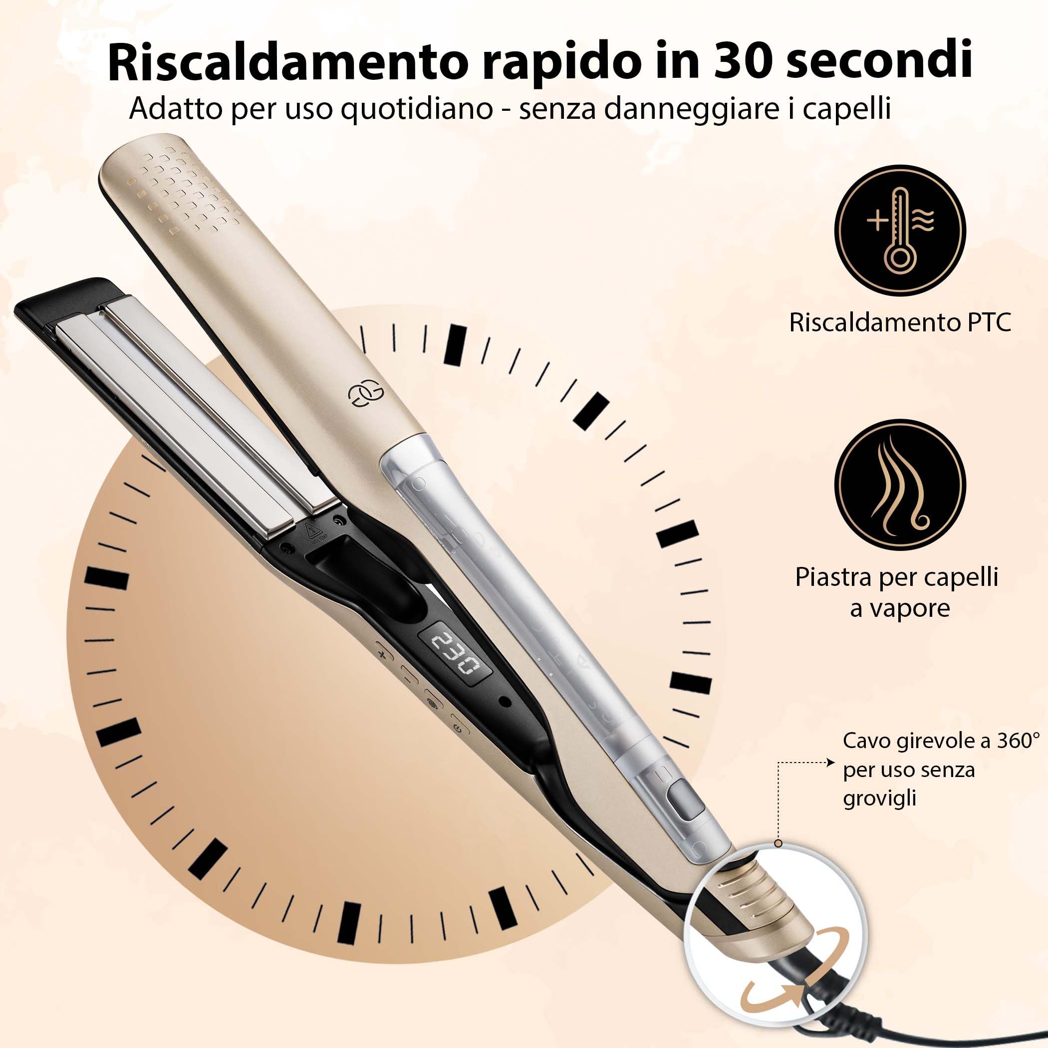 Piastra per Capelli a Vapore, Golden Goods Piastra capelli Professionale 2 in 1 Steampod, Vapore potente, Piastre Larghe, 10 temperature a 230 Gradi, Cavo 2 m