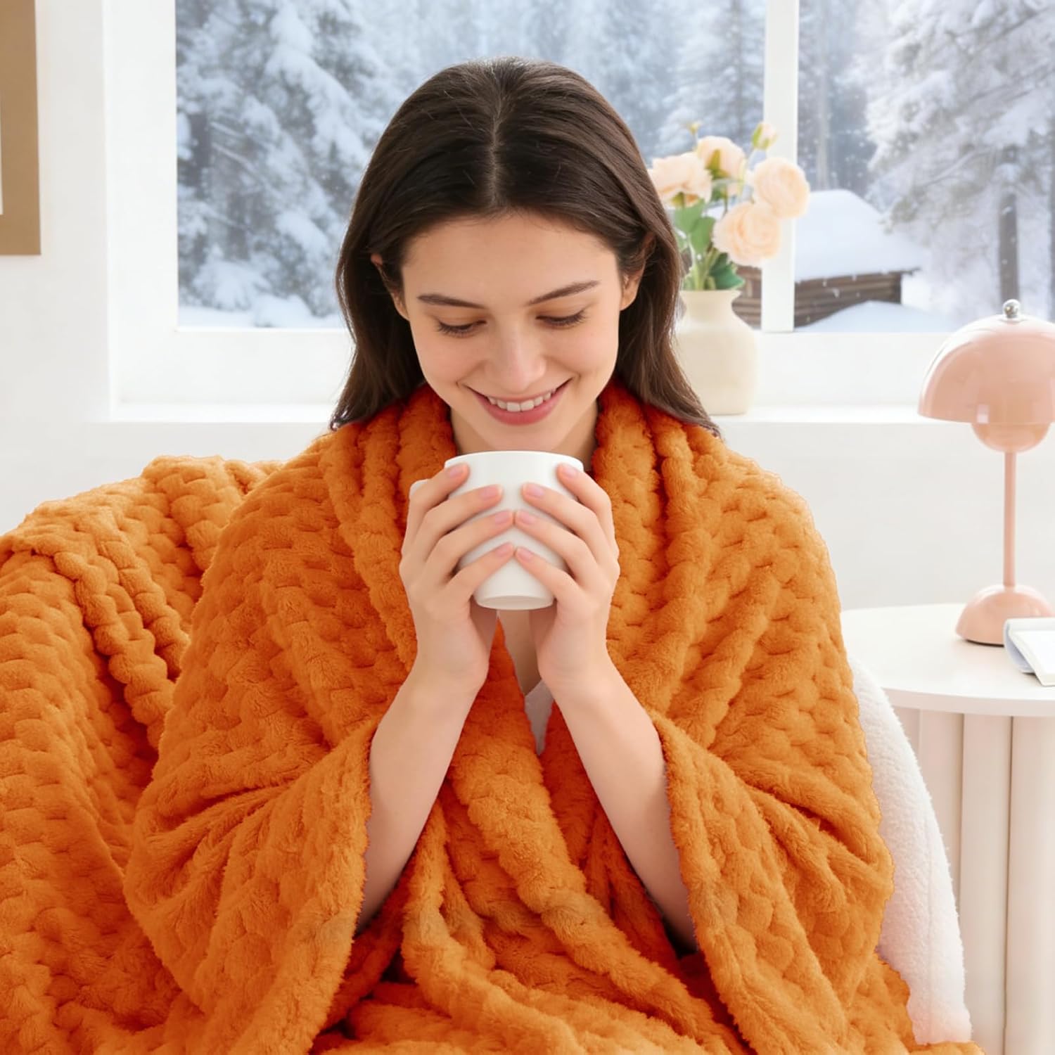 BEDELITE Fall Throw Blanket for Couch & Bed - 3D Jacquard Decorative Orange Blankets, Soft and Cozy Warm Plush Fluffy Fleece Blanket, 50x60Inches - Image 4