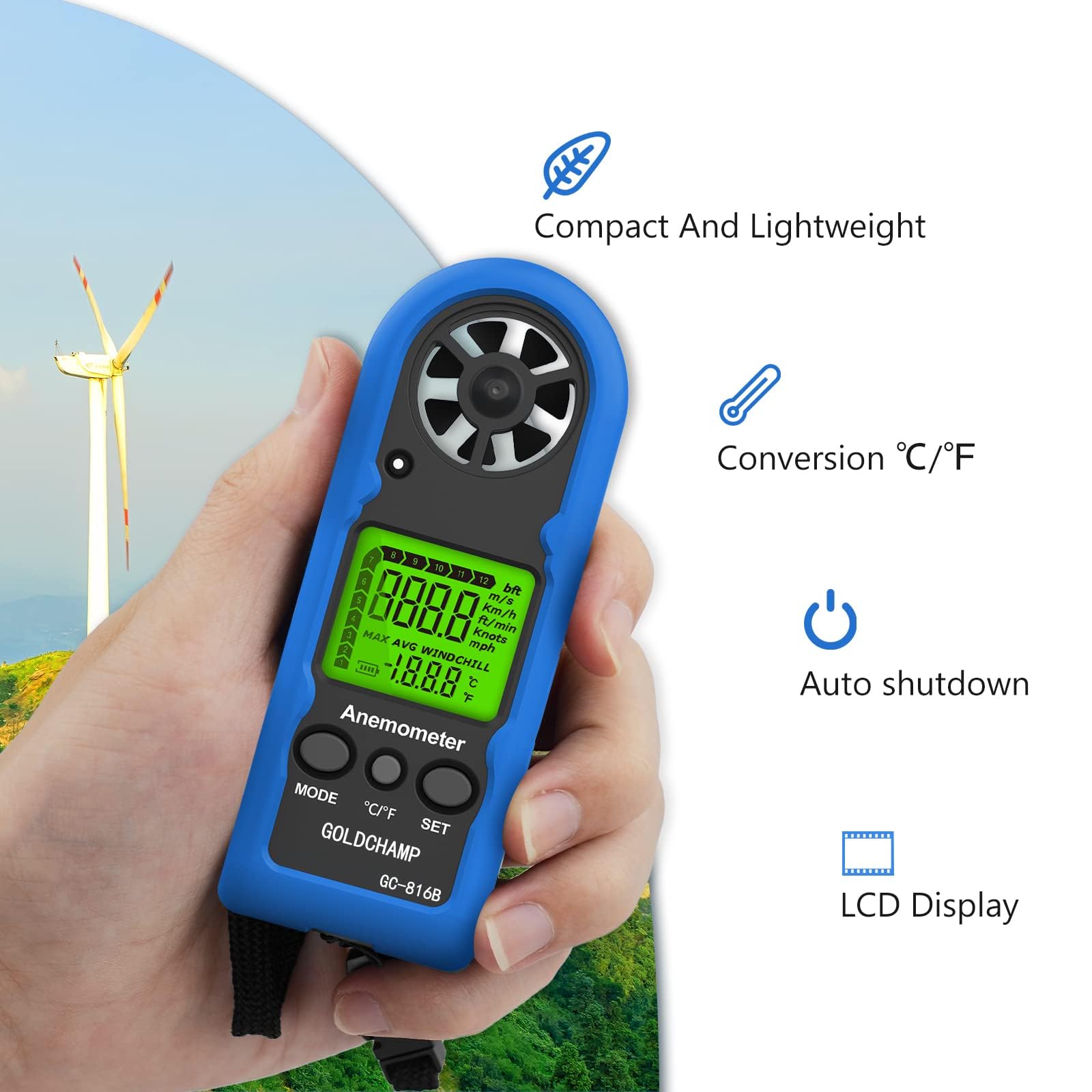 Anémomètre manuel, mini compteur de vitesse du vent numérique, mesure la température, max/moyen/actuel, indicateur de refroidissement éolien, rétroéclairage LCD HVAC et activités de plein air