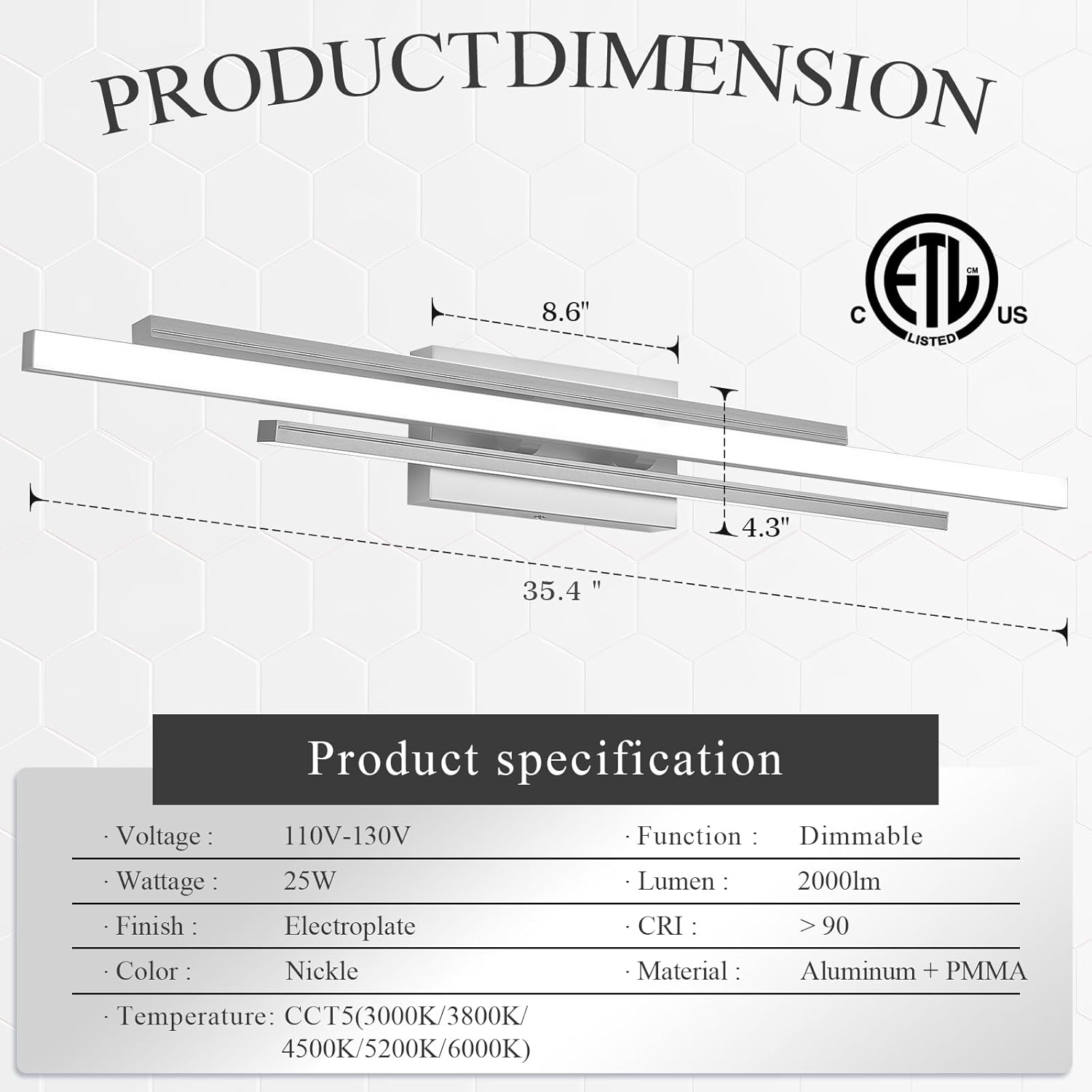 35 Inches Nickel LED Modern Bathroom Vanity Light Fixtures 25W Dimmable 5CCT Vanity Light Bar Over Mirror 3-Light Wall Light for Bathroom Over Mirror Picture Light