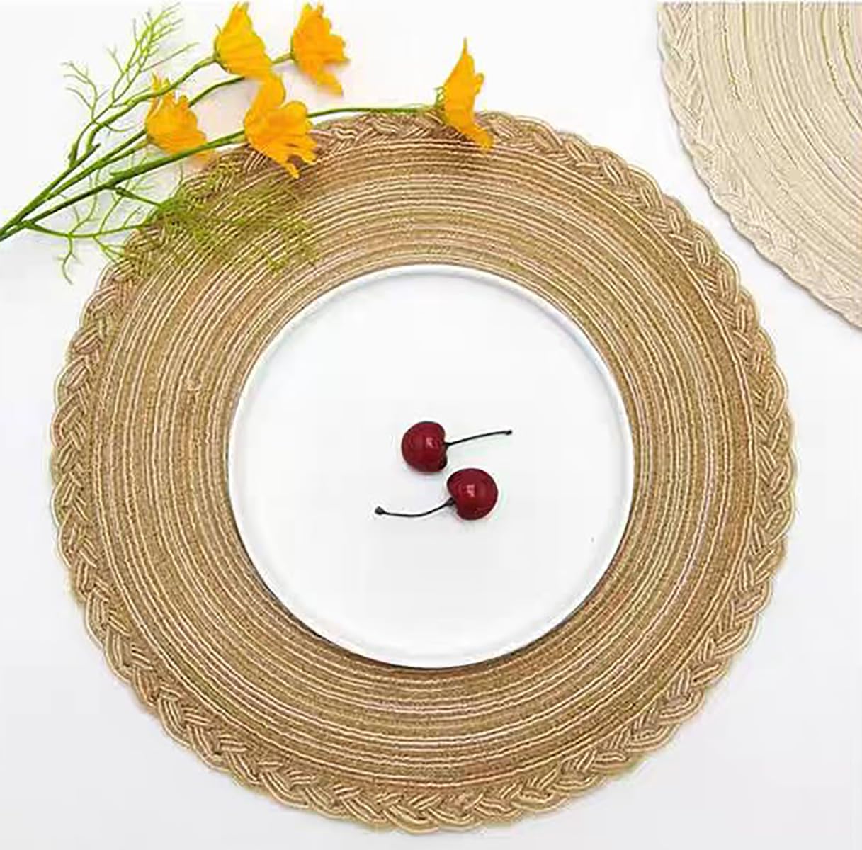 Set of 4 Placemats Washable Round, Round Placemats Blue Woven, Dirt-repellent, Heat-resistant (khaki) - Image 3