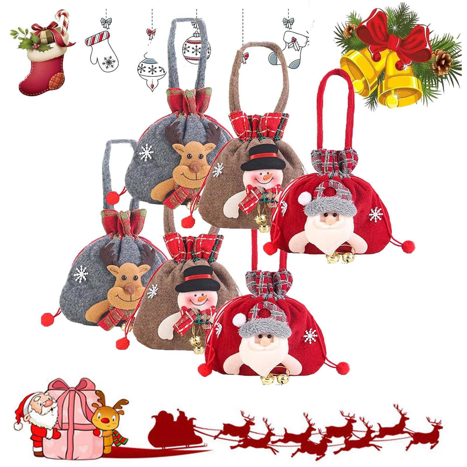 Santa & Reindeer Bags by Dolisans - Festive Doll & Zipper Designs, 6-Small Gift Bags (A Pack) for Kids