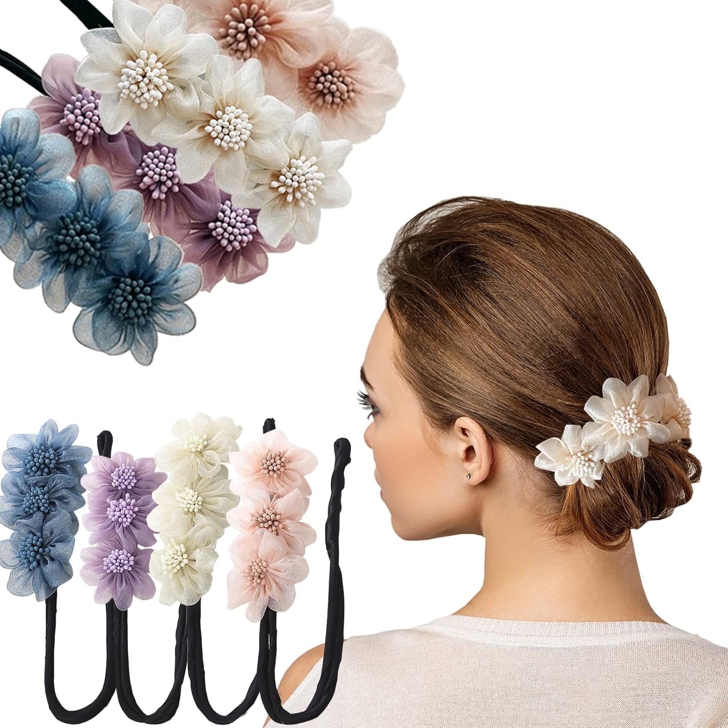 flower Hair Bun Accessories for Women Girls Magic Bun Maker for Hair Bun Shaper Elegant Rhinestone Feather Hair Bun Clips for Women Daily, Party, Wedding (ligth pink)-image-6