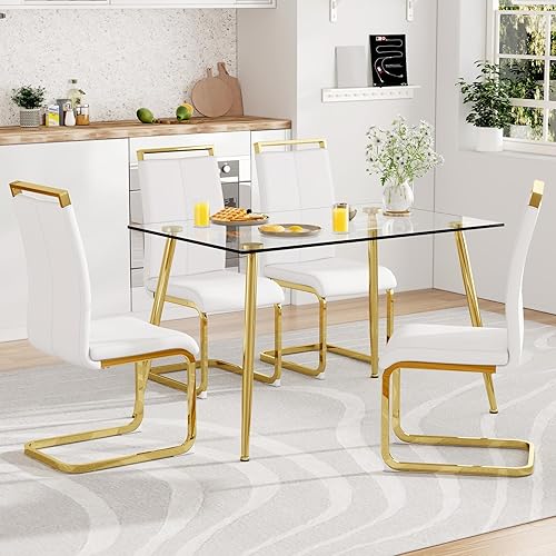 Miniatura 6 de Mesa de comedor de cristal, mesa rectangular moderna de 51 pulgadas con amplia mesa de vidrio templado y patas de mesa chapadas en oro, mesa de