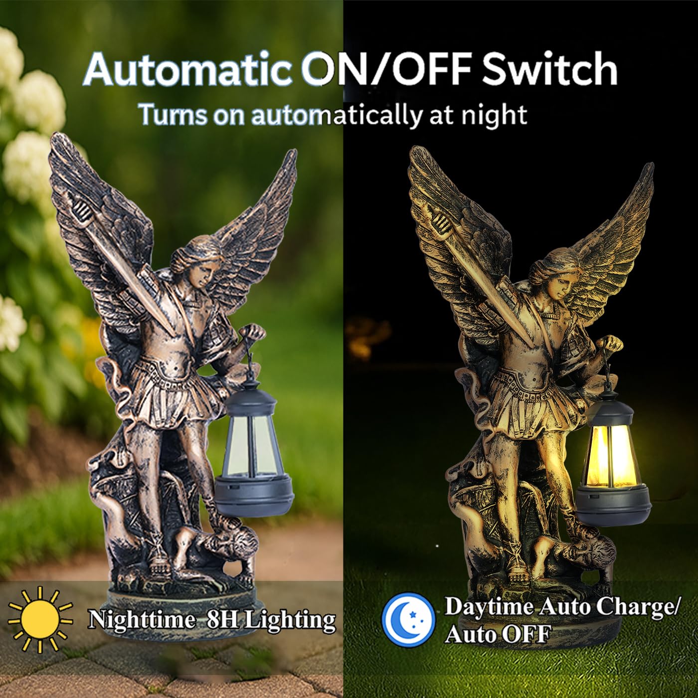 Solar San Miguel Arcangel - Estatuas de decoración de jardín al aire libre, 12.4 pulgadas, satue solar de San Miguel Arcángel para patio, césped, porche, decoración de resina, figura de San Miguel