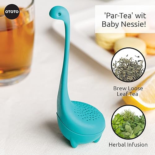 Miniatura 3 de OTOTO Baby Nessie - Infusor de té de hojas sueltas (turquesa) - Infusor de té de dinosaurio con cuchara para empapar - Cuello de mango largo, lindo