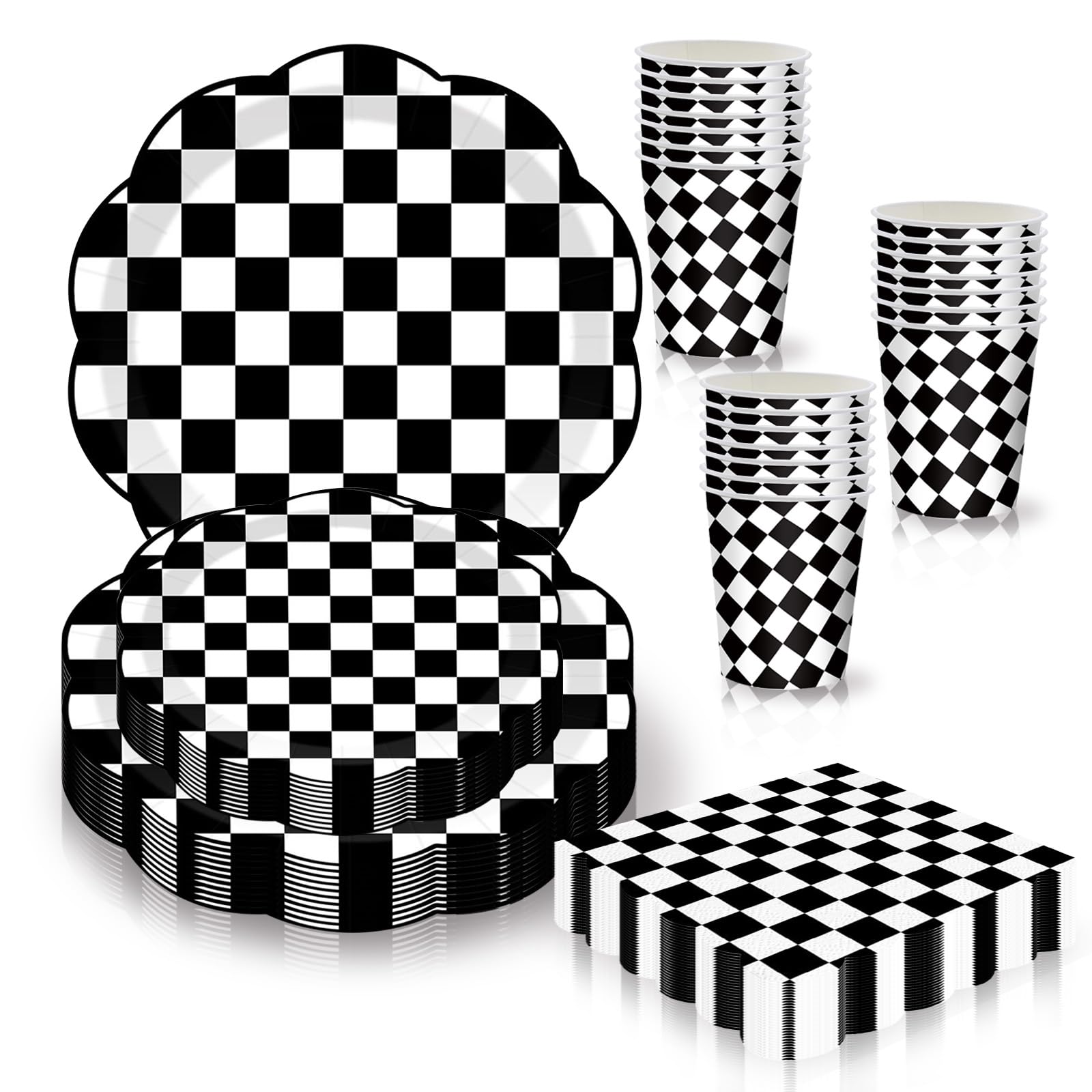 80pcs White and Black Gingham Paper Plates and Napkins Party Tableware Disposable Set,Scalloped Checkered Dessert Plate Cups Napkin Serviettes Dinnerware for Birthday Racing Car Themed Party Supplies