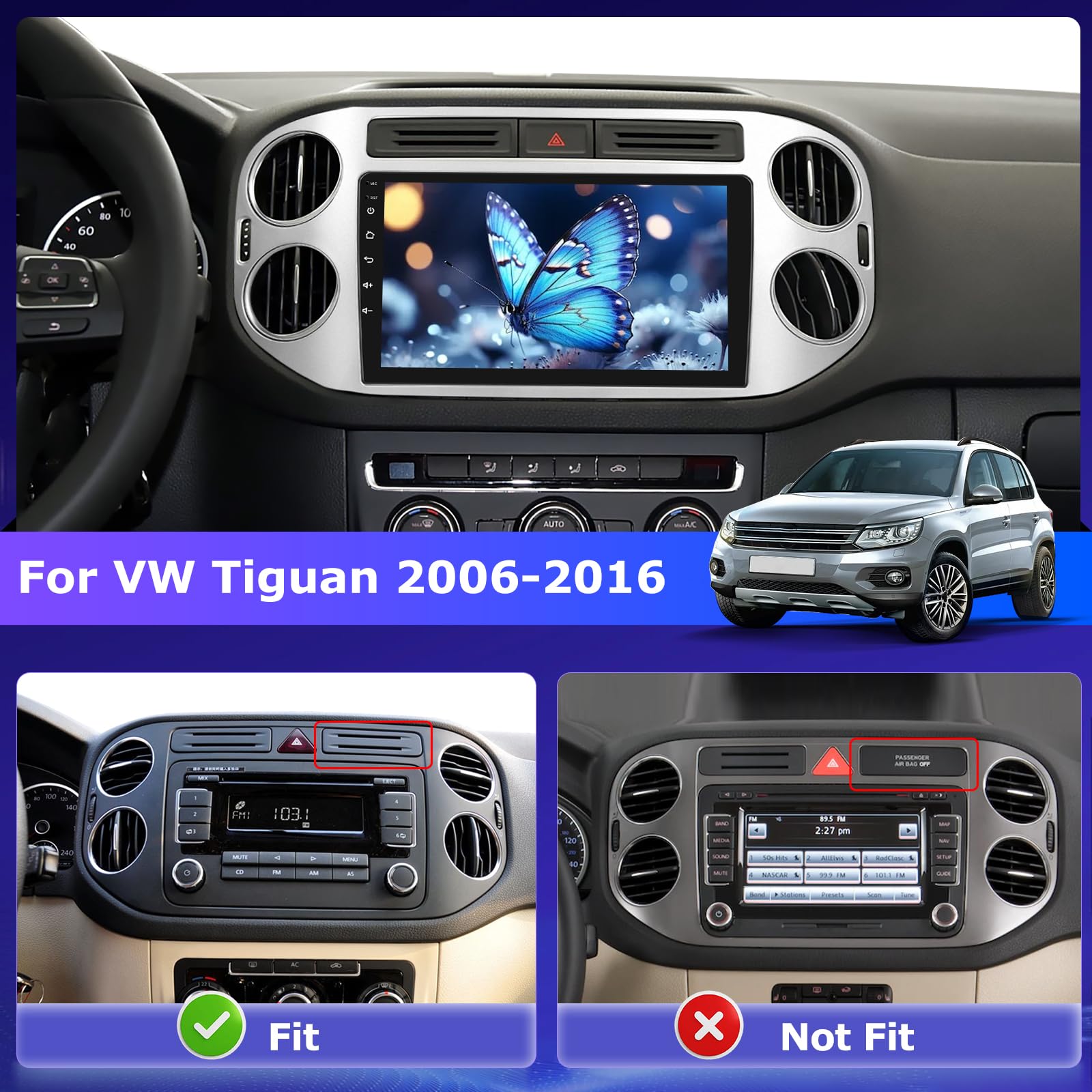 Android Autoradio pour Tiguan VW Volkswagen 2006-2016 avec sans Fil Carplay et Android Auto, [2G+64G] Écran Tactile HD de 9 Pouces avec GPS/WiFi/Bluetooth/EQ/FM RDS