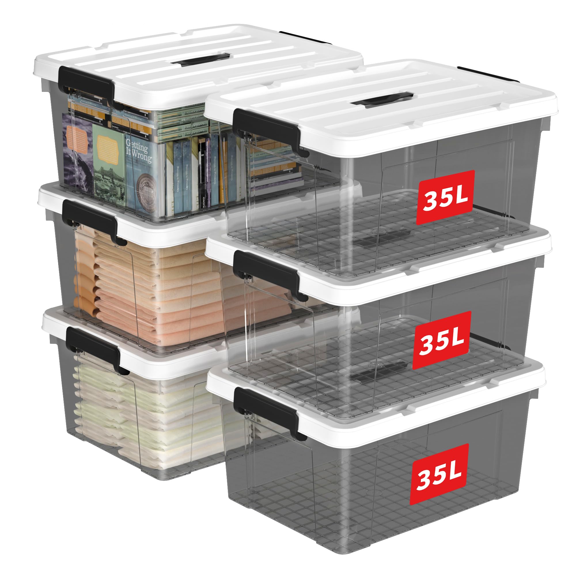 Cetomo 35L*6 Aufbewahrungsboxen, Tragbare Plastikboxen mit Deckeln, Organizer-Behälter mit Griff und Clips, Stapelbar, Ineinander Nestbar, für Zuhause und Büro, Transparent schwarz, 35L-6er Pack