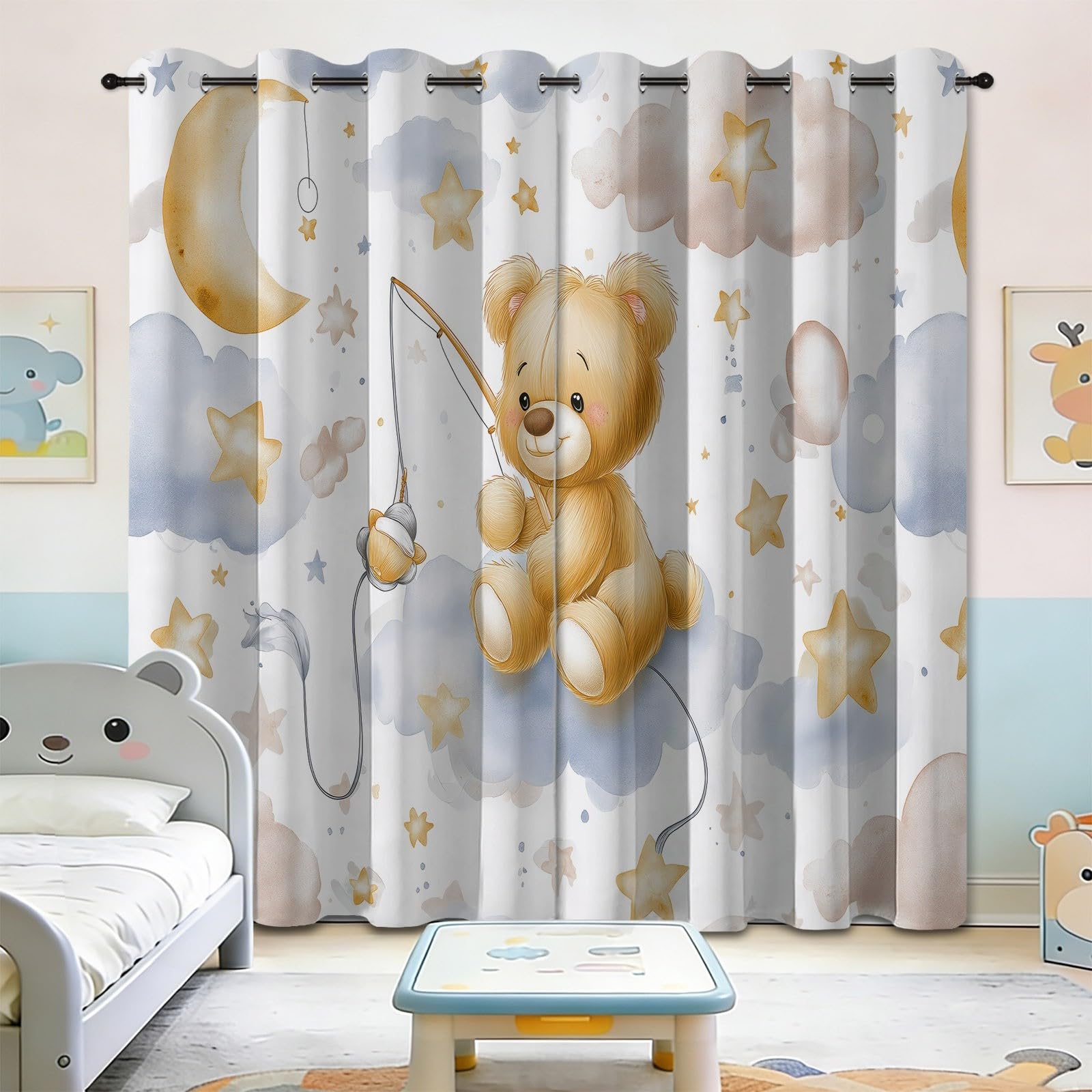 Cortinas opacas con ojales, dibujadas a mano, diseño de dibujos animados, juego de 2, altura 175 x ancho 140 cm, oso de peluche, nubes y estrellas, cortinas con ojales para salón y dormitorio