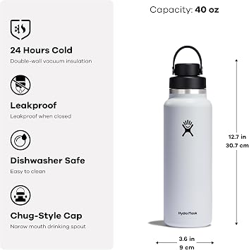 Hydro Flask Water Bottle - Insulated Stainless Steel - Wide Mouth Chug Lid, Non Spill, Leakproof in 40 Oz White