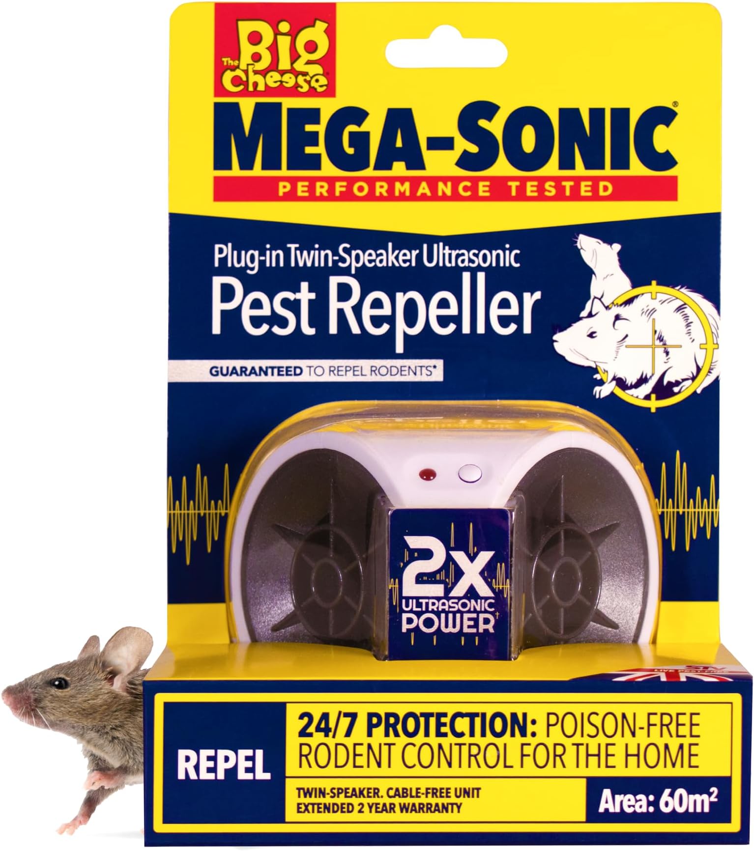 The Big Cheese Ultra Power – Mega-Sonic® Plug-In Twin-Speaker Pest Repeller - Professional Ultrasonic Technology Repels Mice & Rats Instantly - Indoor Electric Powered Plug-in – Pet-Friendly