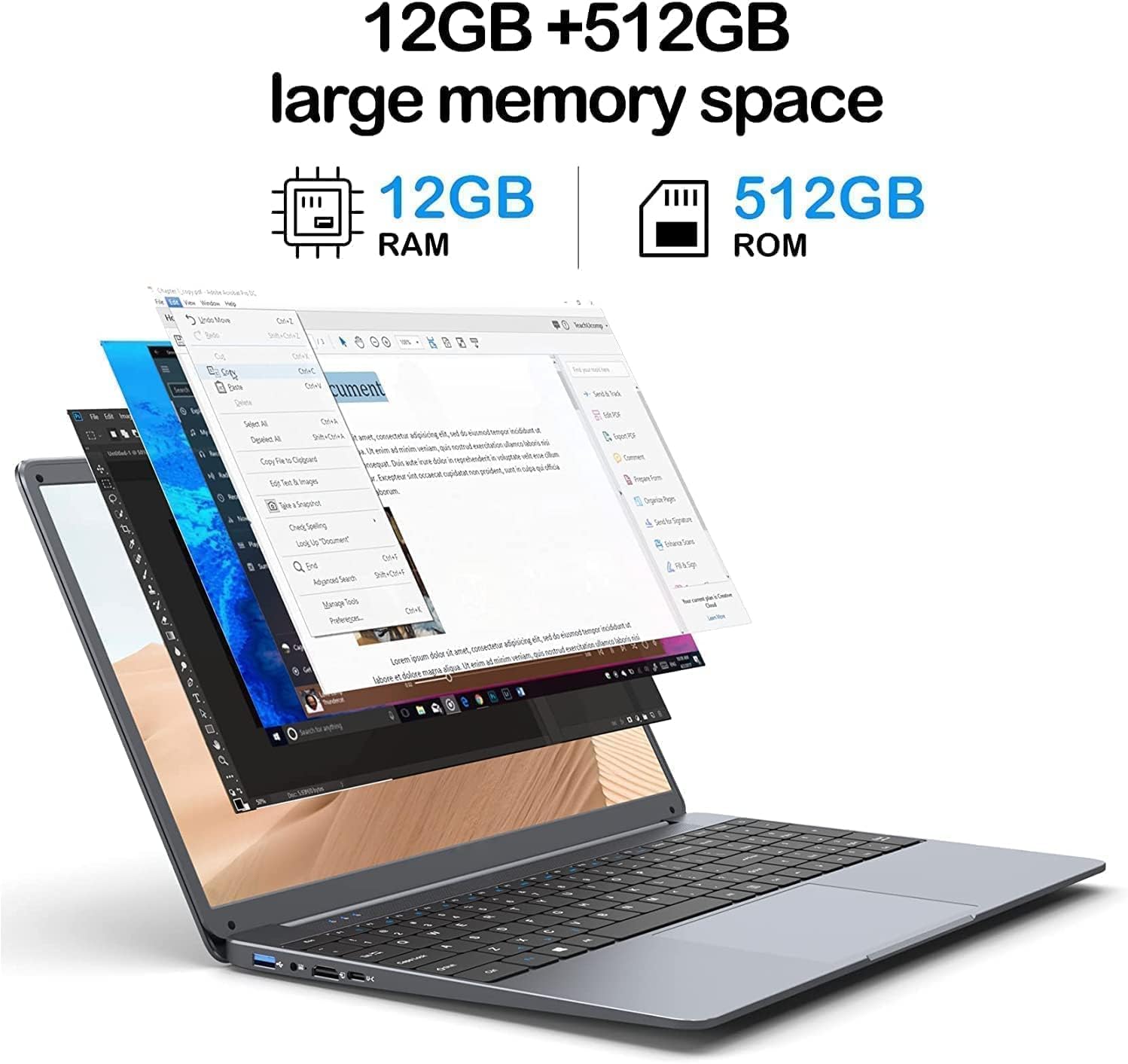 SGIN 15.6 Pollici PC Portatile 12GB RAM 512GB SSD 11 Home System Notebook, Celeron N5095, Up to 2.0Ghz, FHD, 2.4/5.0G WiFi, Bluetooth 4.2, Supporta memoria espandibile TF