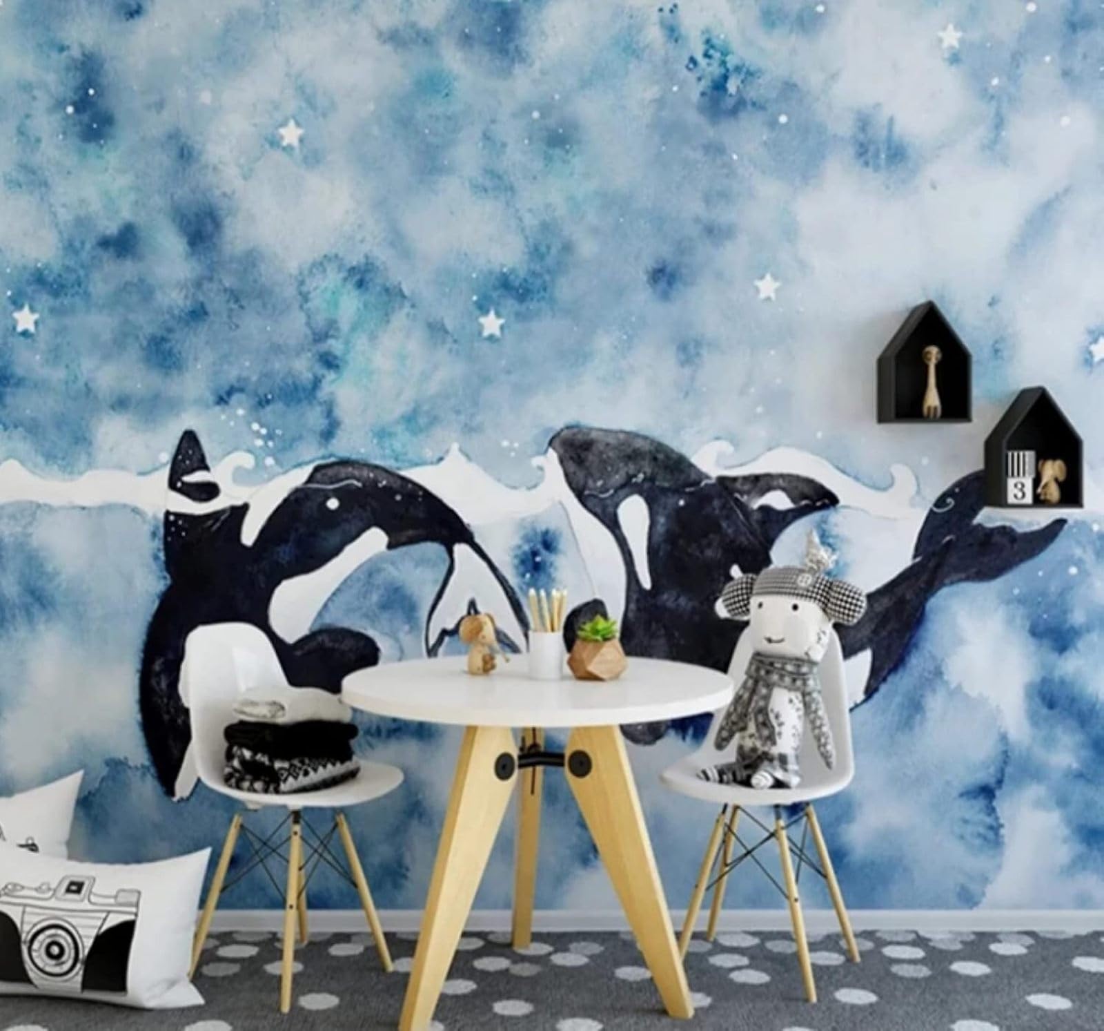 Papier peint soie de luxe XLMING intissé dessin dauphin bleu effet 3D premium