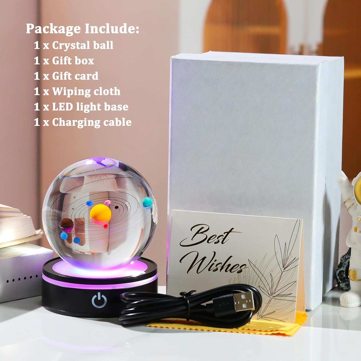 YWHL 3D Solar System Model Crystal Ball 80mm with Light Base, Planet Lamp Model Sphere Decor Space Astronomy Universe Gifts for Women Men Space Globe Physics Teacher Science Astronomy Enthusiast