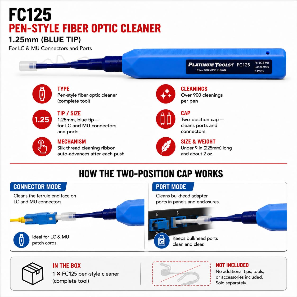 Platinum Tools Limpiador de fibra óptica FC125 de 1,25 mm para conectores LC y MU