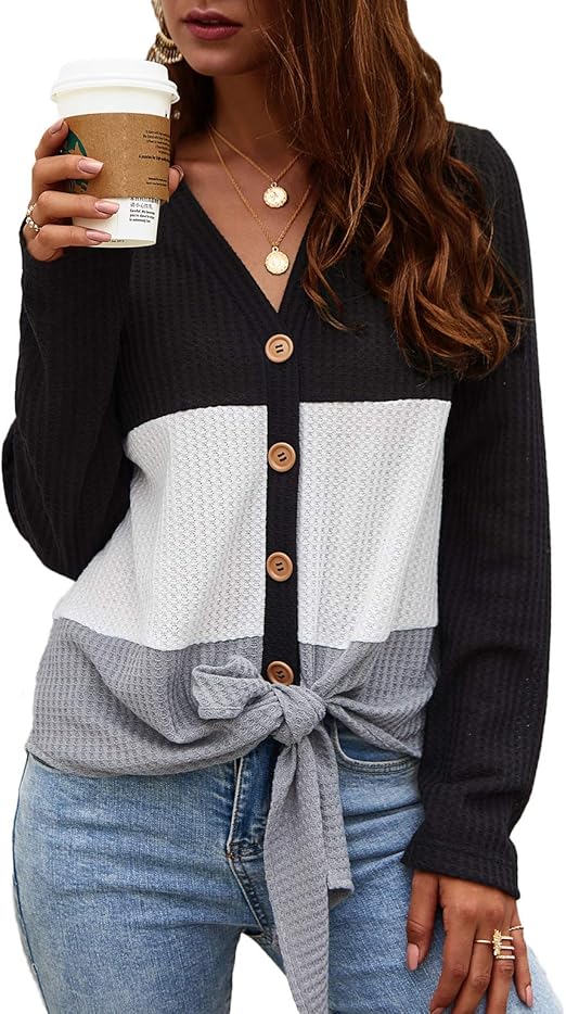 Lookwoild Womens Waffle Knit Shirts Long Sleeve Colorblock Button Down Blouse Tie Knot Tunic 