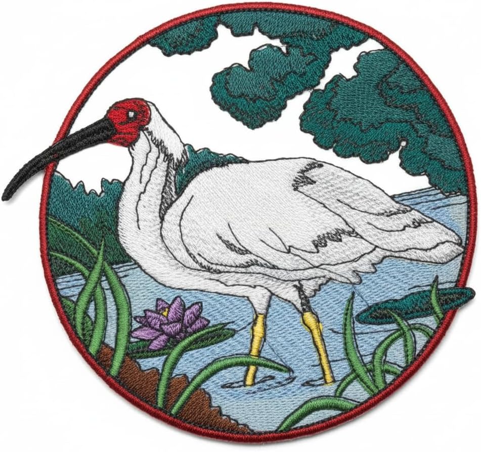BeyondVision Nature Weaved in Threads, Amazing Birds Kingdom [Crested Ibis in Circle [Custom and Unique] Embroidered Iron on/Sew Patch [6" *6."] [Made in USA]